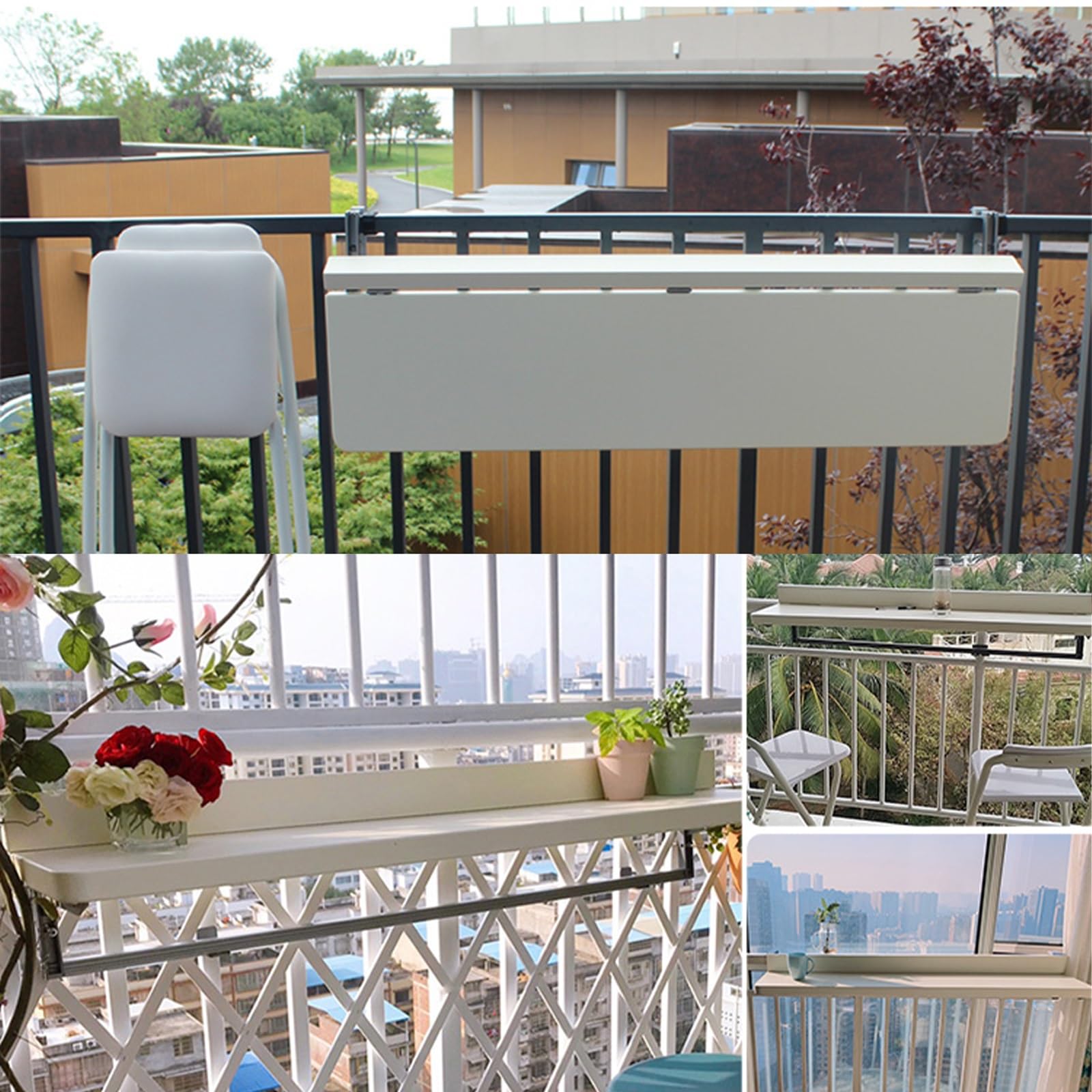 Tavolino Regolabile da Appendere alla ringhiera del Balcone, Design Pieghevole per terrazze e balconi, Soluzione Pratica e salvaspazio.