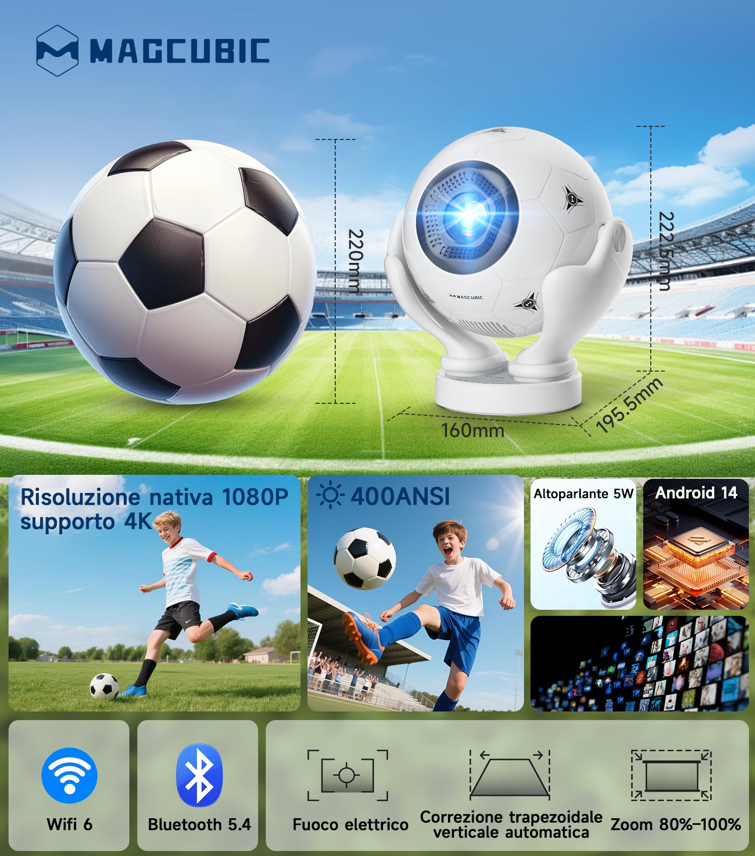 Magcubic Proiettore Portatile 4K, Android 14 con WiFi 6 e BT 5.4 | Mini Videoproiettore 1080P a Forma di Pallone da Calcio, Rotazione 180°, Focale Auto, Proiettore per Home Cinema, Gaming