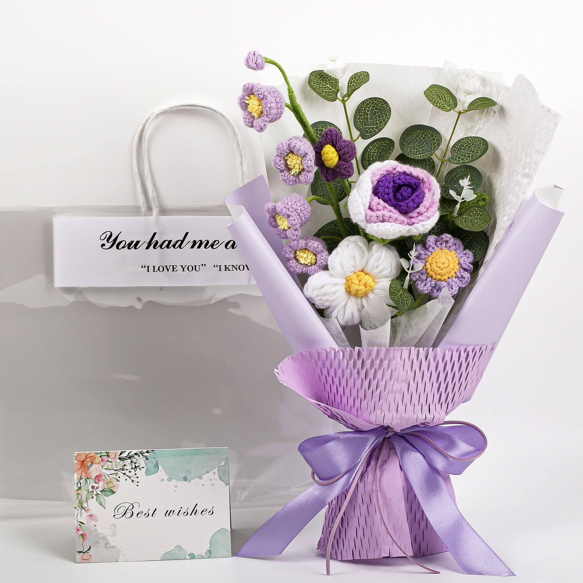 EZsenses Crochet Flower Bouquet β Crochet Rose Gifts Artificial Flowers for Her Mother's Day Lover Valentines Day, Anniversary Birthday Graduation Gifts with Bag & Greeting Card