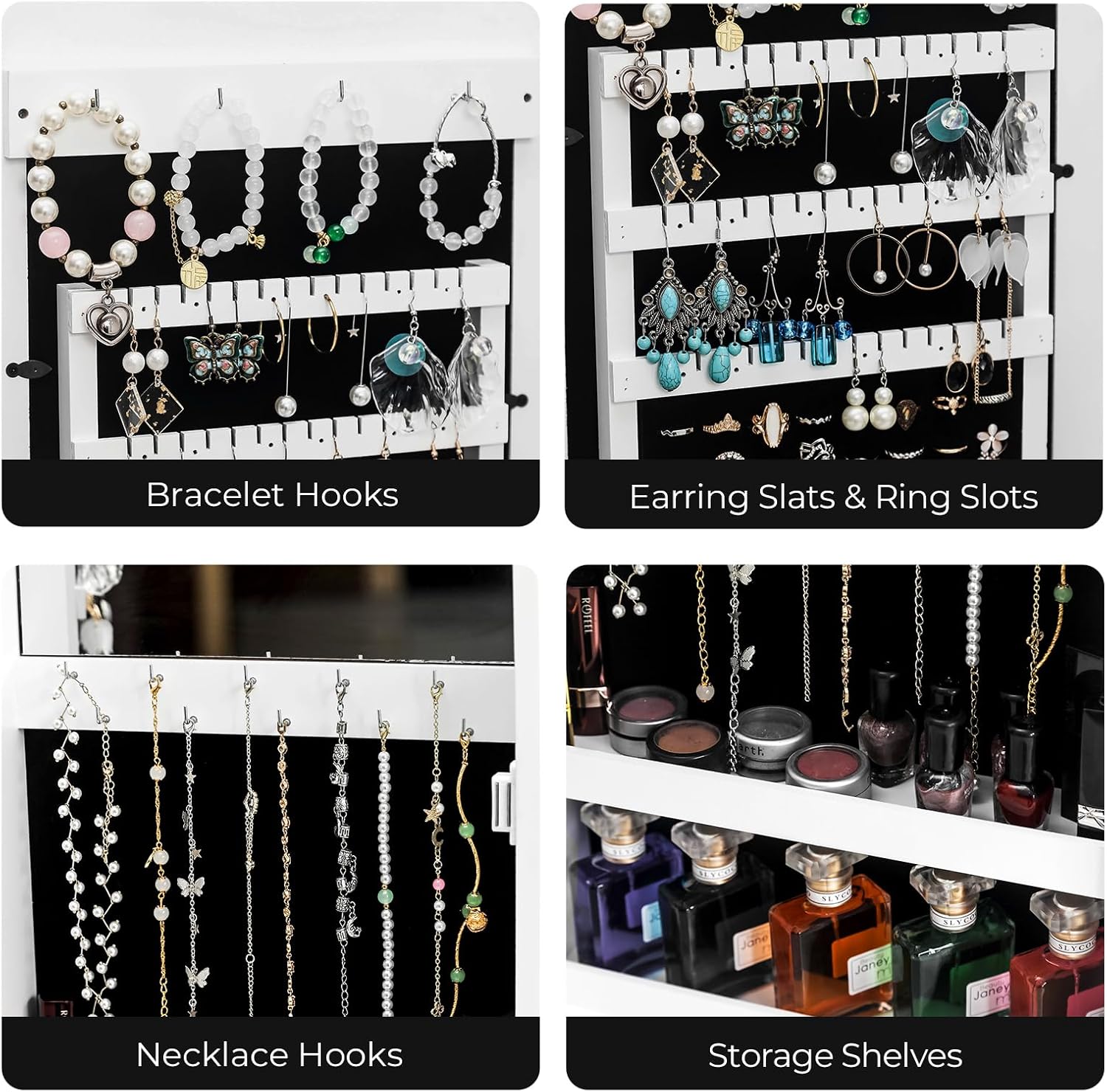 Wall Mounted Jewelry Organizer with Photo Frame - Interior Mirror Jewelry Cabinet - White Wooden Jewelry Armoire - Wall Display Cabinet
