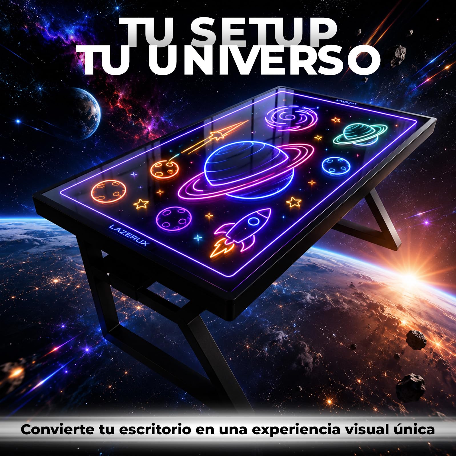 Escritorio Mesa Escritorio Elevable o Fijo Gamer Con Iluminacion Led Superficie PERSONALIZA TU MISMO LA TEMATICA Estructura Metalica Altura Ergonómica Configuración Juvenil BLANCO O NEGRO 160x60