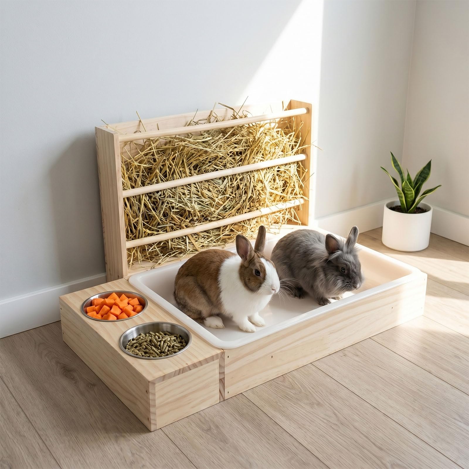 3-in-1 Kaninchen Heuraufe, Heufutterautomat für Kaninchen Mit Toilette Und Futternäpfen, Holz Kleintier Futterstation, Futterspender, Meerschweinchen, Hamster, Chinchilla