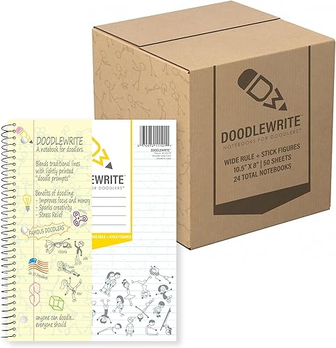 DoodleWrite Cuaderno de espiral con alambre de rayas anchas, paquete de 24, incluye indicaciones de garabatos para mantener la concentración,