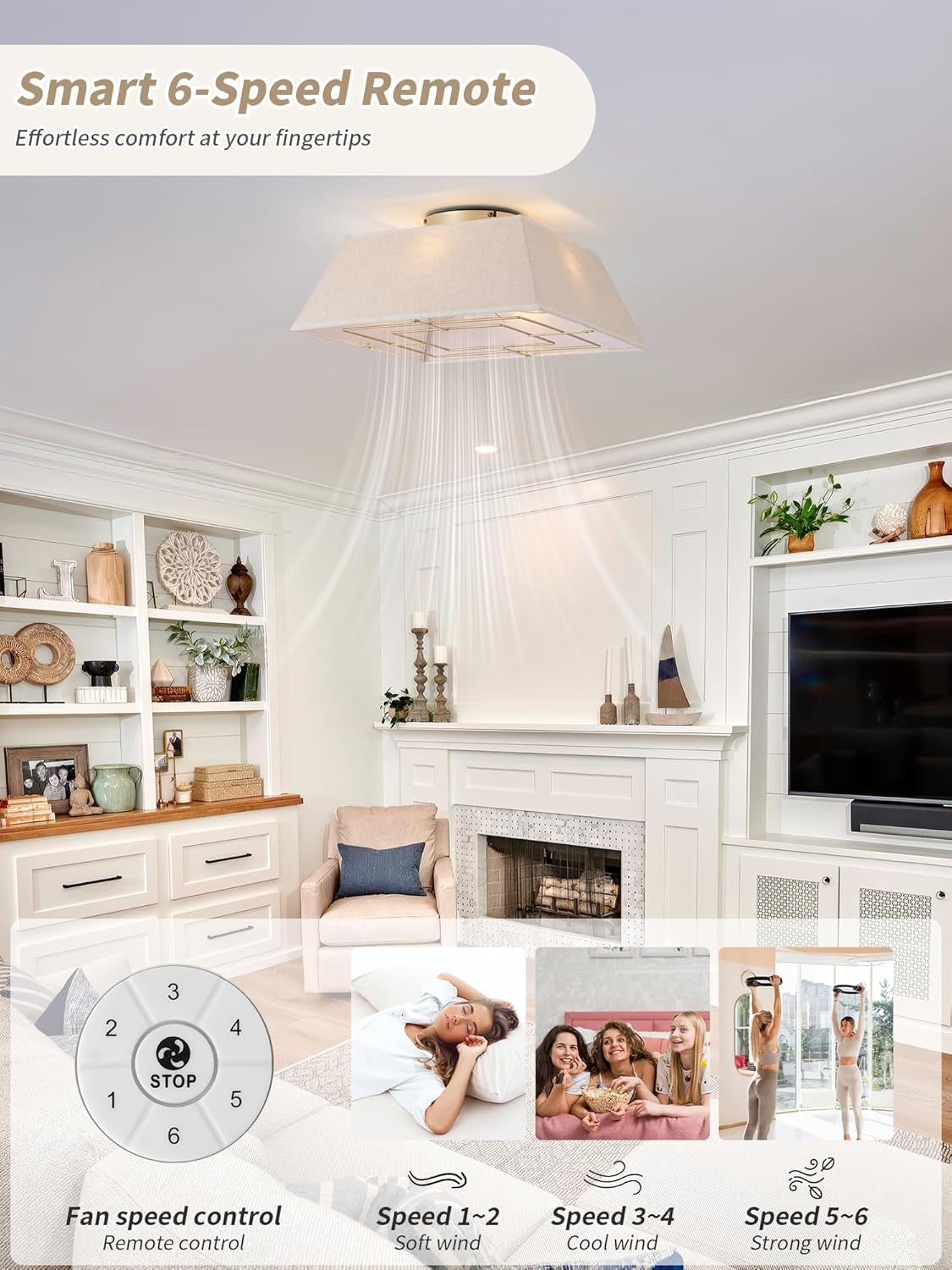18" Square Flush Mount Ceiling Fans with Lights, Caged Boho Ceiling Fan with Light Remote Control, Low Profile 6 Speeds for Bedroom, Living Room, Kitchen (Yellow)