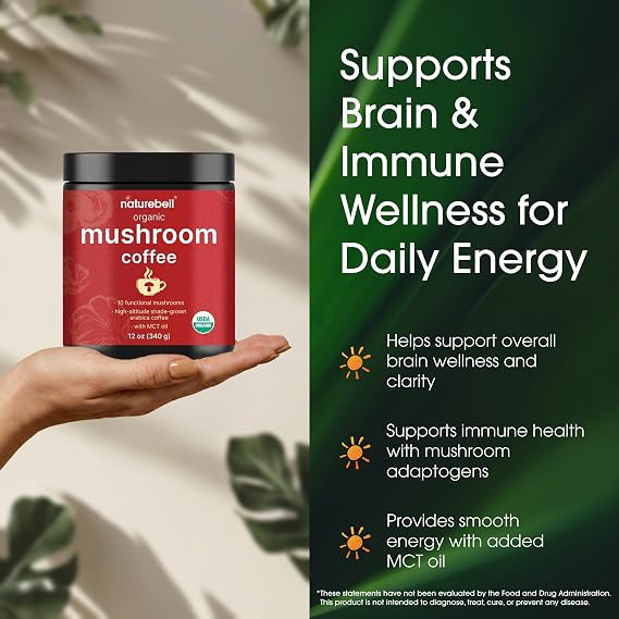 NatureBell Organic Mushroom Coffee - 12 oz - Superfood Blend for Energy Support - Brain & Immune Health Support* - Includes Lion's Mane, Shiitake, MCT Oil, Arabica Beans & More
