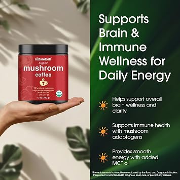 NatureBell Organic Mushroom Coffee - 12 oz - Superfood Blend for Energy Support - Brain & Immune Health Support* - Includes Lion's Mane, Shiitake, MCT Oil, Arabica Beans & More