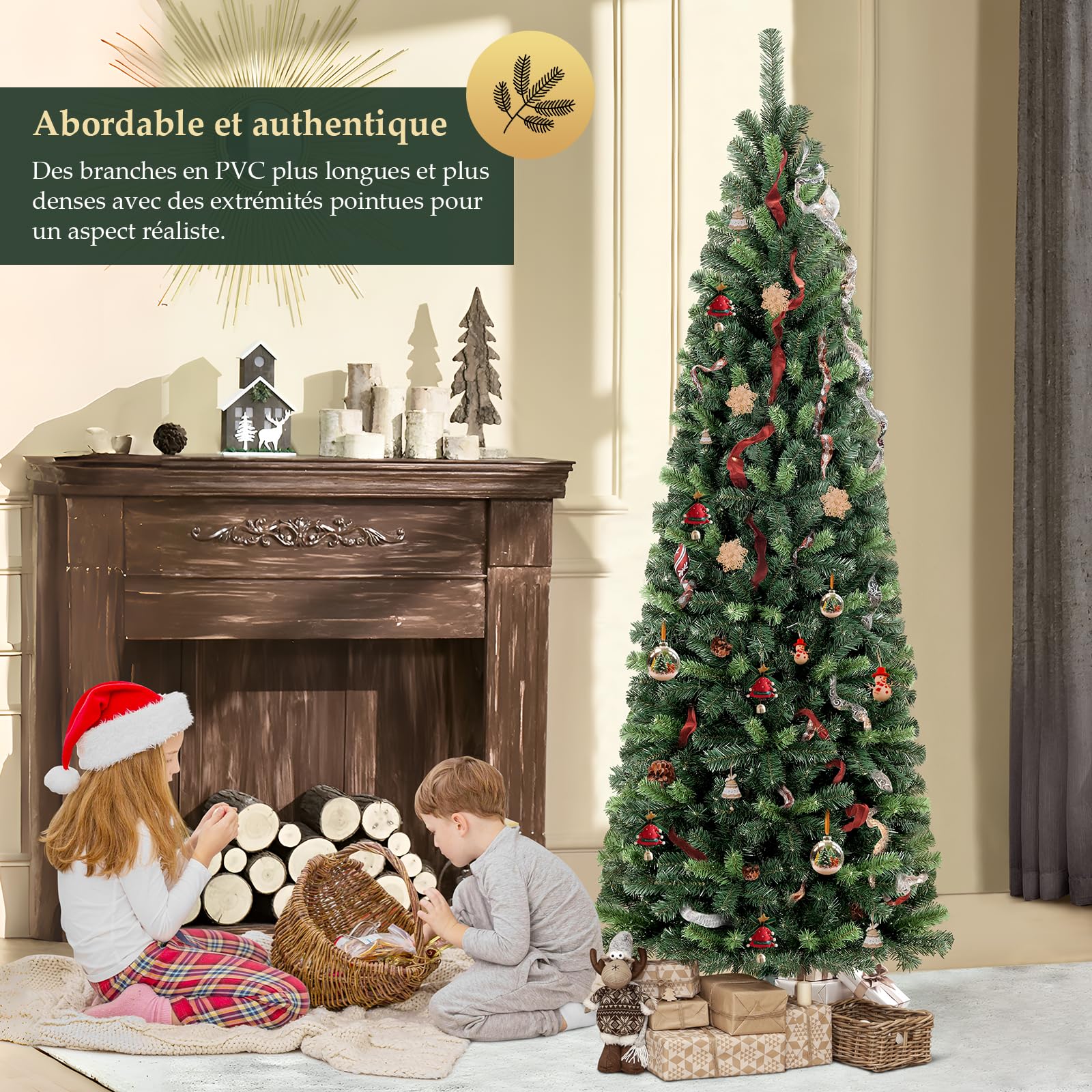 SALCAR Sapin de Noël Artificiel Fin 210 cm avec Gants et Support en métal - Crayon - avec Pointes en PVC 818 - Vert