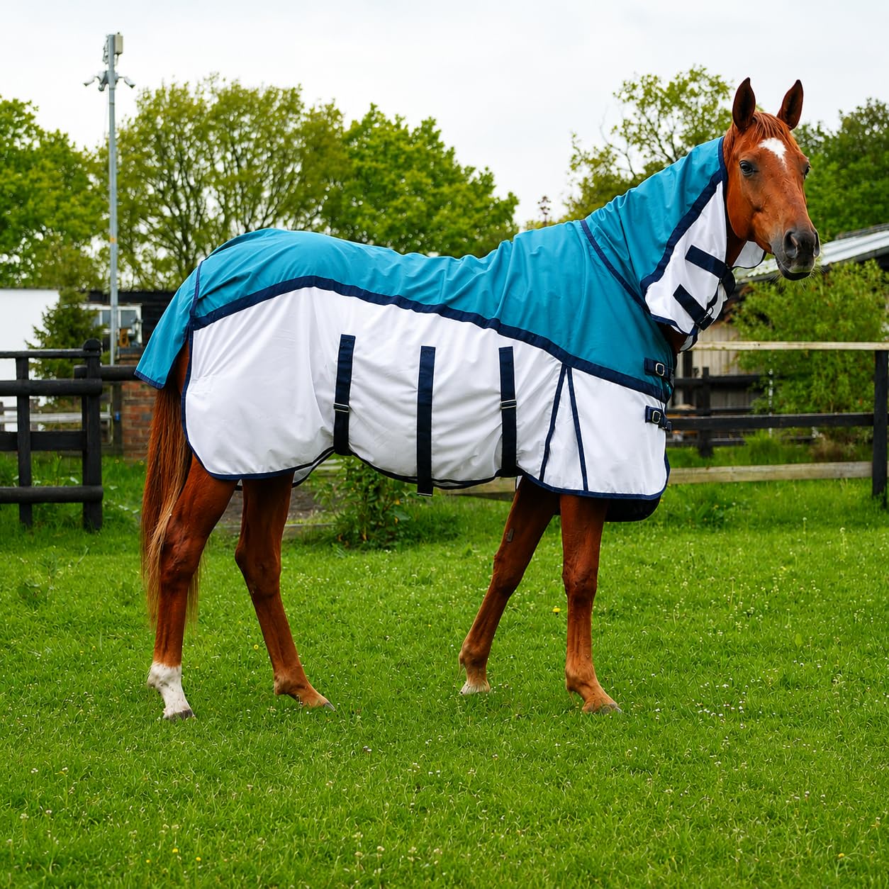 Equitack 600D Fly Rug for Horses, 6'3", Petrol/White