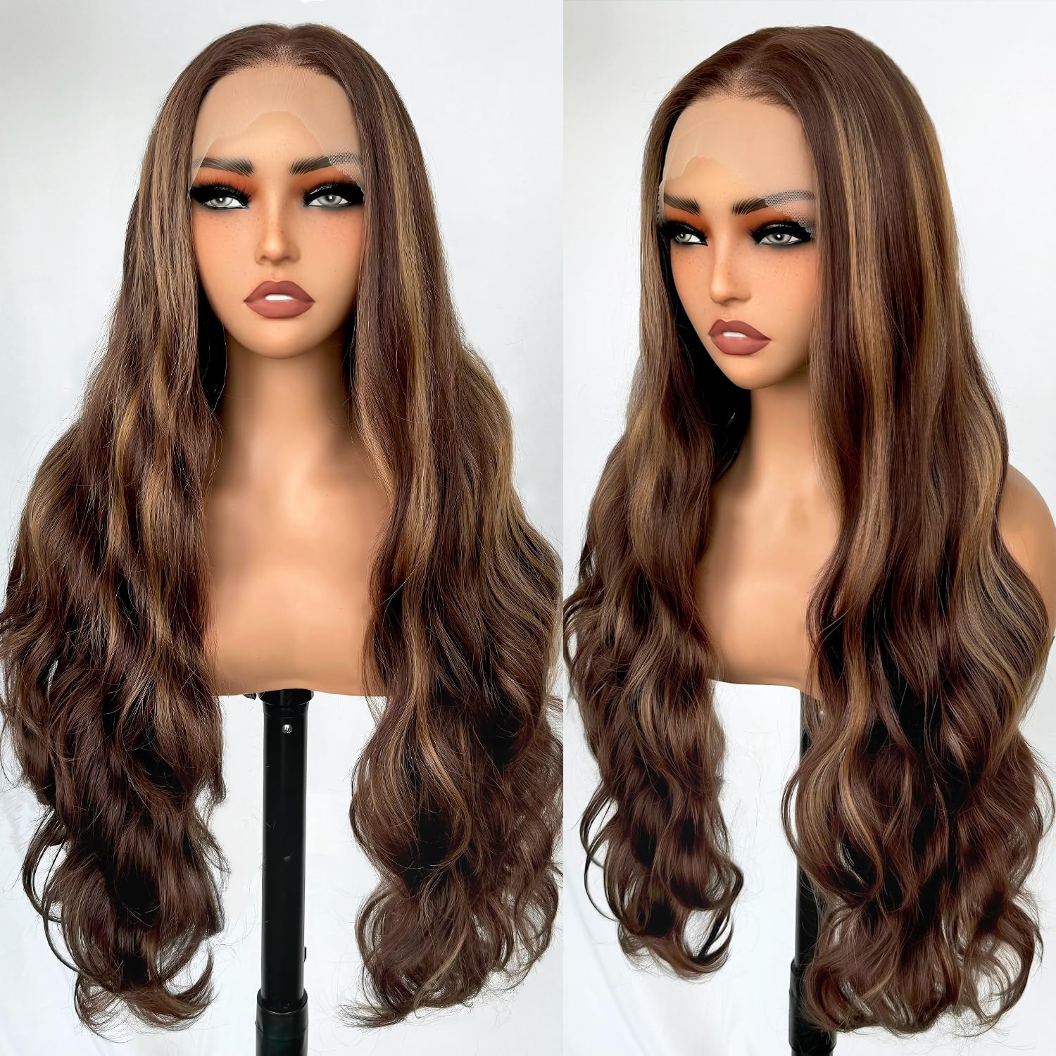SOKU 13x6 Body Wave Lace Front Wigs 28 Inch Ombre Natural Wave Synthetic Wigs with Baby Hair 4/27 Highlight Brown Honey Blonde Lace Frontal Pre