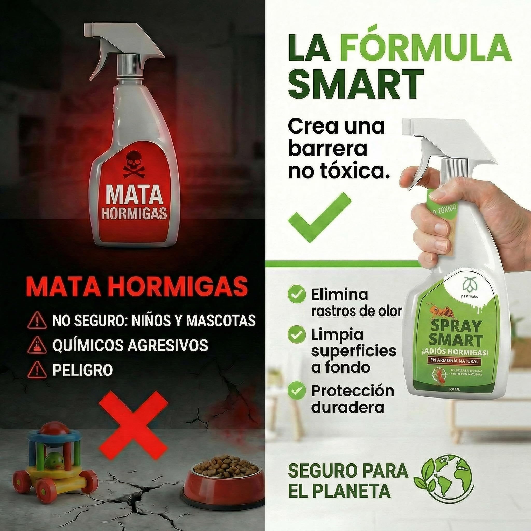 Pestmatic® Spray Antihormigas | Anti Hormigas Interior de Casa y Antihormigas Exterior | Repelente Hormigas Apto Mascotas | Barrera Líquida que Lava y Elimina Físicamente sin Insecticida ni Veneno