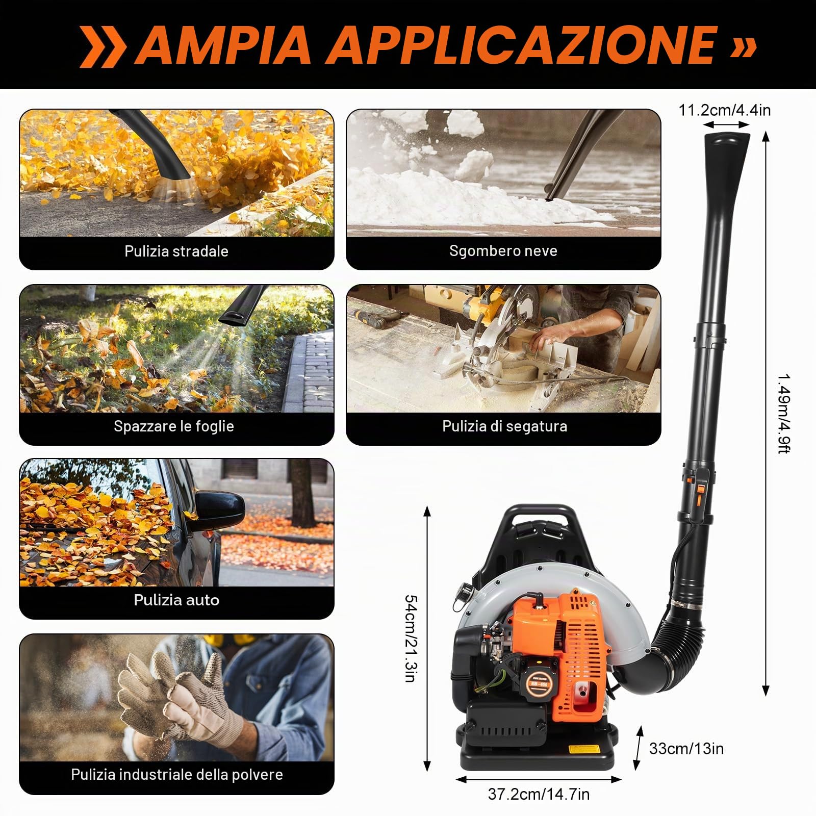 Soffiatore a scoppio 63 cc, 2 tempi, 2.7kw Backpack Leaf, Soffiatore per Foglie a Benzina, Soffione Foglie Professionale, per la Schiena, 3,6 ps
