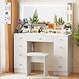 DWVO 47" W Vanity Desk with LED Light and Power Outlets, Large Makeup Vanity with Dividers and Hair Dryer Rack, 3 Level Storage Dresser Makeup Vanities Dressing Table for Bedroom, White