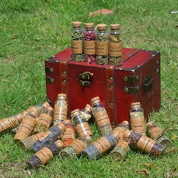 Deluxe Wicca Herb Set 24 Dried Herbs in Glass Jars with Ritual Wand in Vintage Wooden Box | Witchcraft Supplies for Spells,Meditation, Candle Making, DIY Magic Jars, Aromatherapy & More