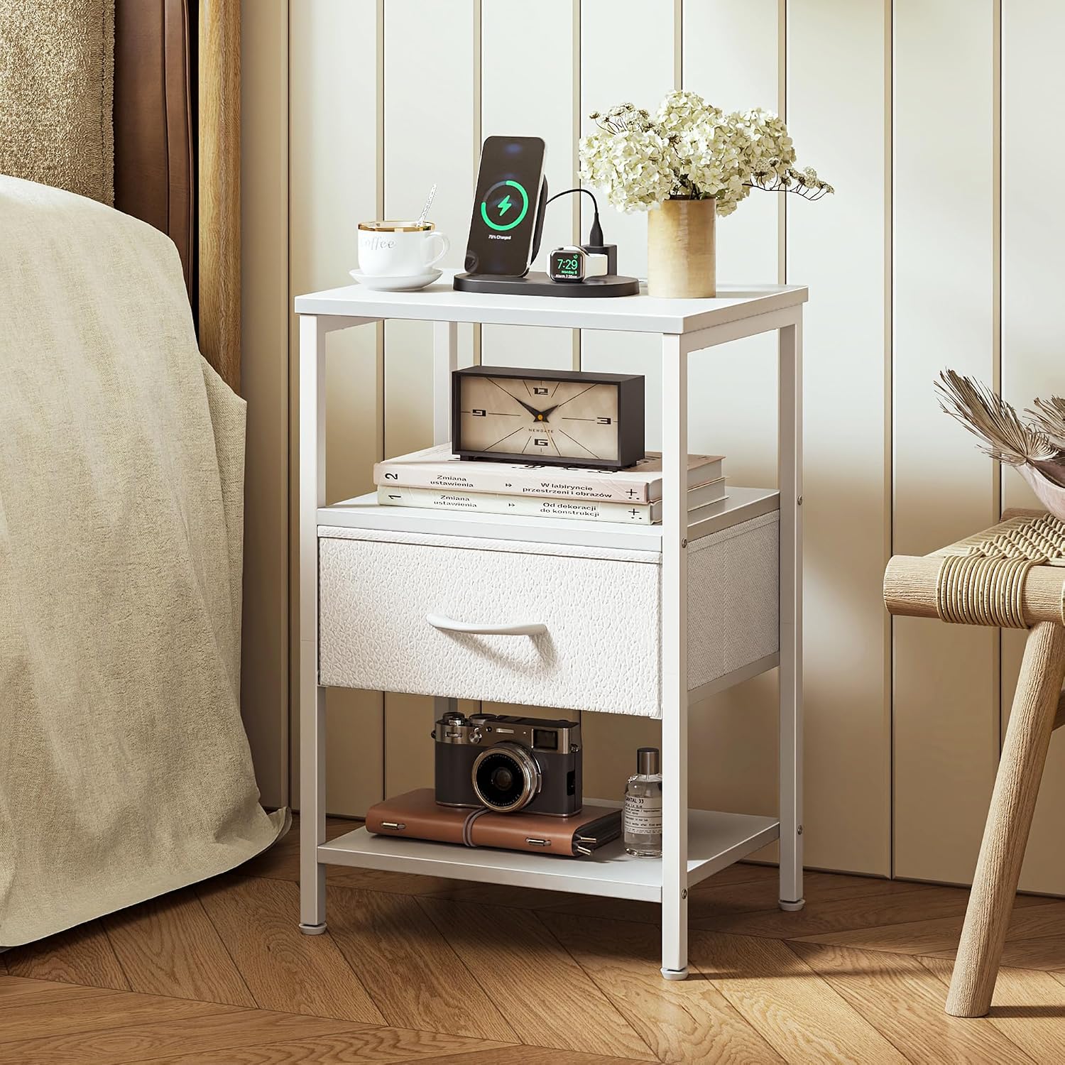 superjare nightstand with charging station, bed side table with adjustable fabric drawer, night stand for bedroom, 3-tier storage end table, for living room, white m (11.8"d x 15.7"w x 23.4"h) white