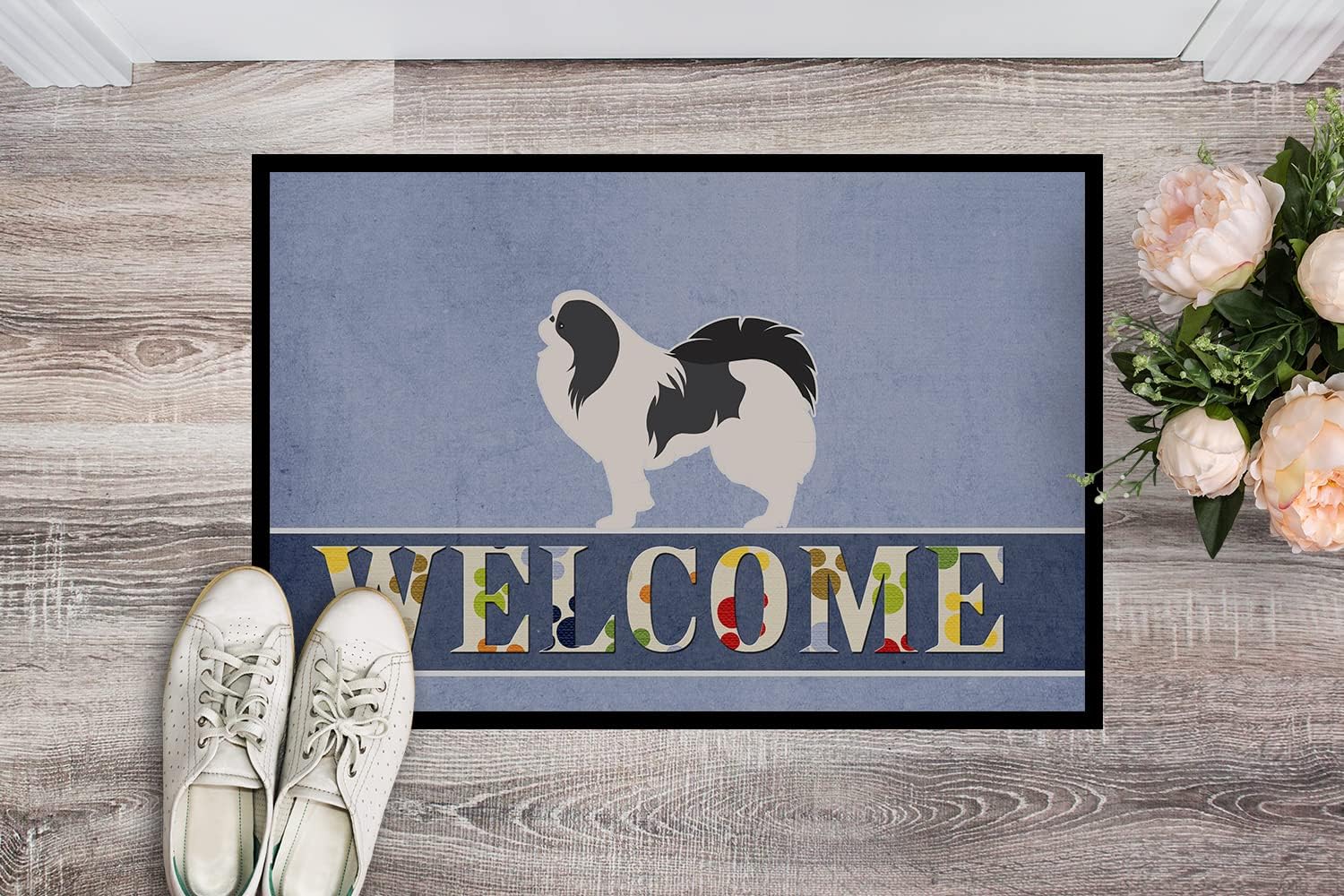 Caroline's Treasures BB5541MAT Japanese Chin Welcome Doormat 18x27 Front Door Mat Indoor Outdoor Rugs for Entryway, Non Slip Washable Low Pile, 18H X 27W