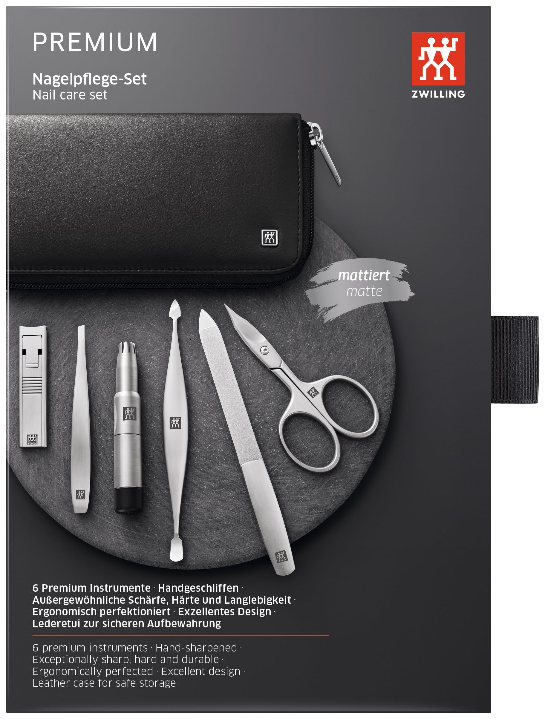 ZWILLING Manucure kit (6 pièces, set de soin des ongles et pédicure, cuir de vachette avec fermeture éclair, avec coupe-ongles compact), Premium, noir