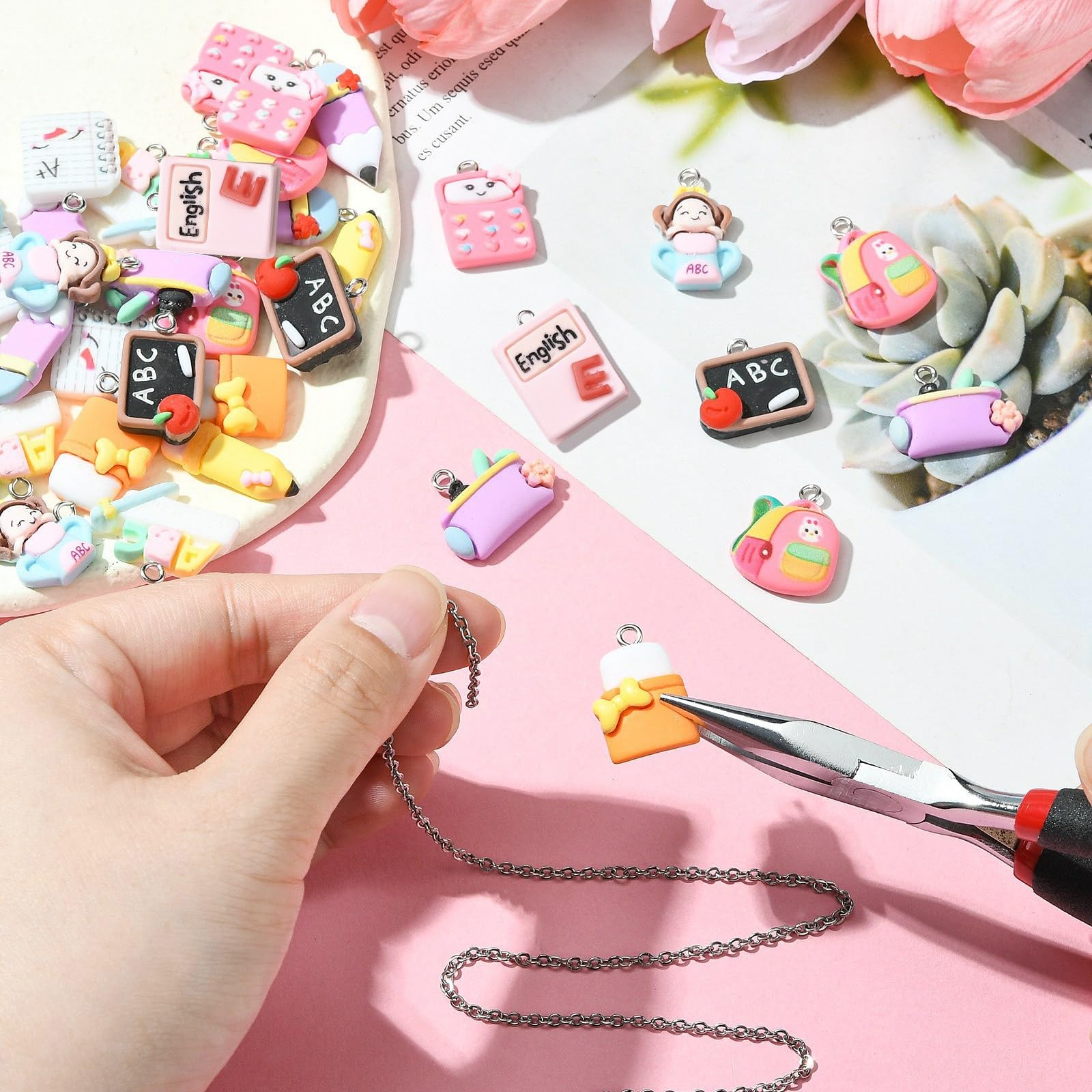 Stiesy 55Pcs 11 Styles Study Theme Resin Charms Study Supplies Pendant Charm Book Pencil Bag Calculator Dangle Charms for Jewellery Making DIY Bracelet Crafting - Image 4