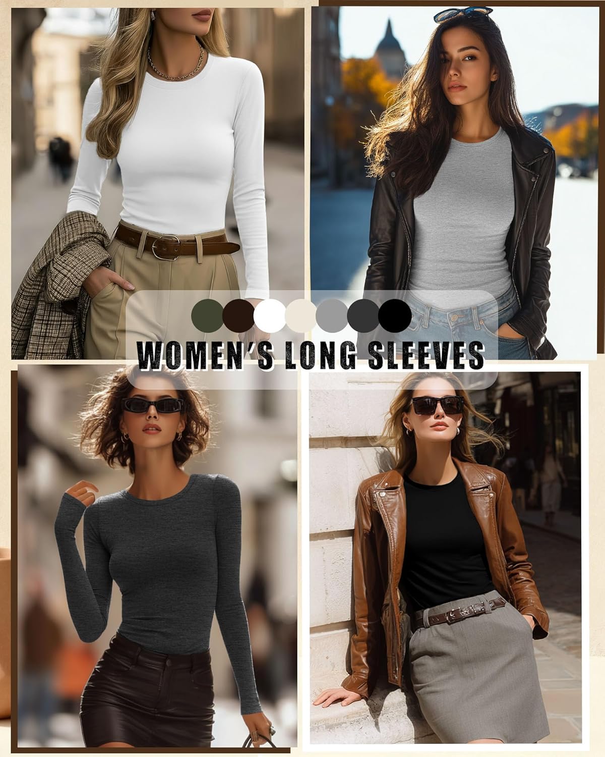 7 Pcs Women's Long Sleeve Tops Crew Neck Slim Fit Shirts Basic Going Out Tight Tees - Image 2