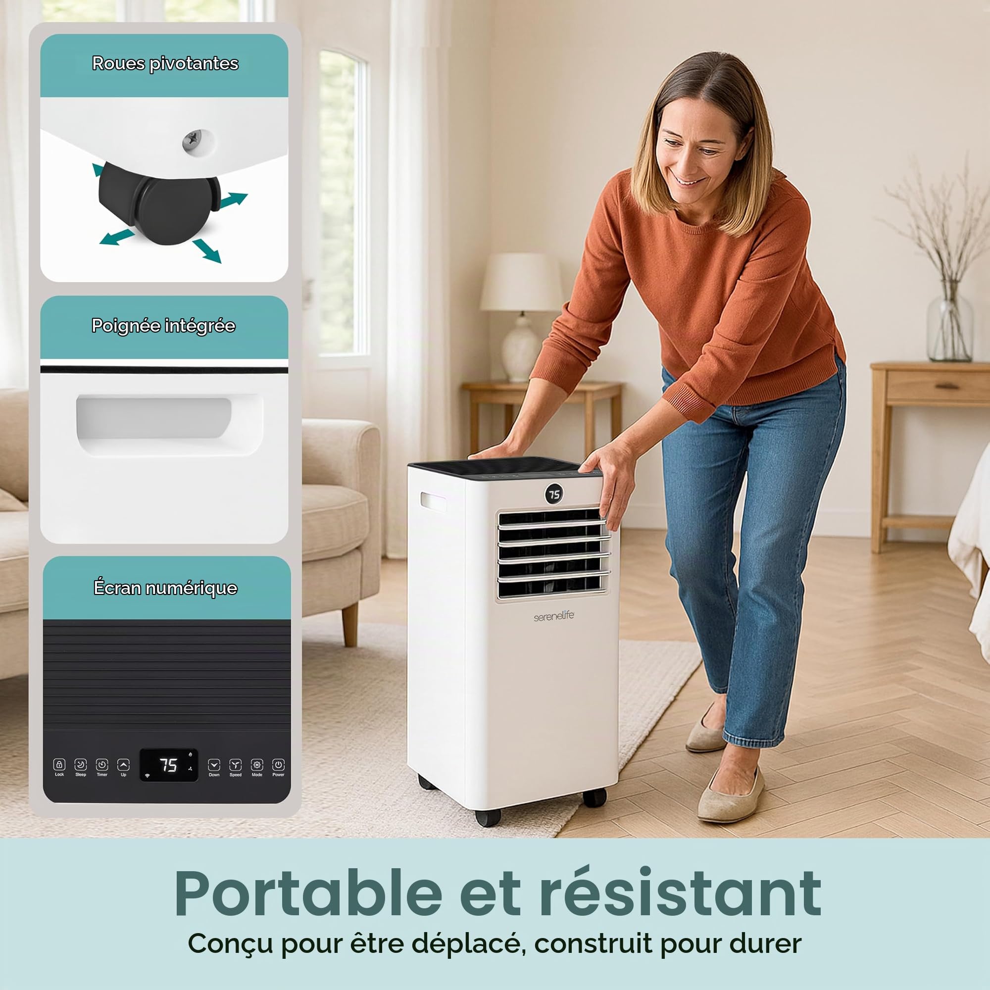 SereneLife Climatiseur Mobile 9000 BTU 2,34 kW Chauffage – Climatiseur Portable avec Évacuation, Ventilateur et Déshumidificateur, Compact avec Télécommande et Kit Fenêtre Gris