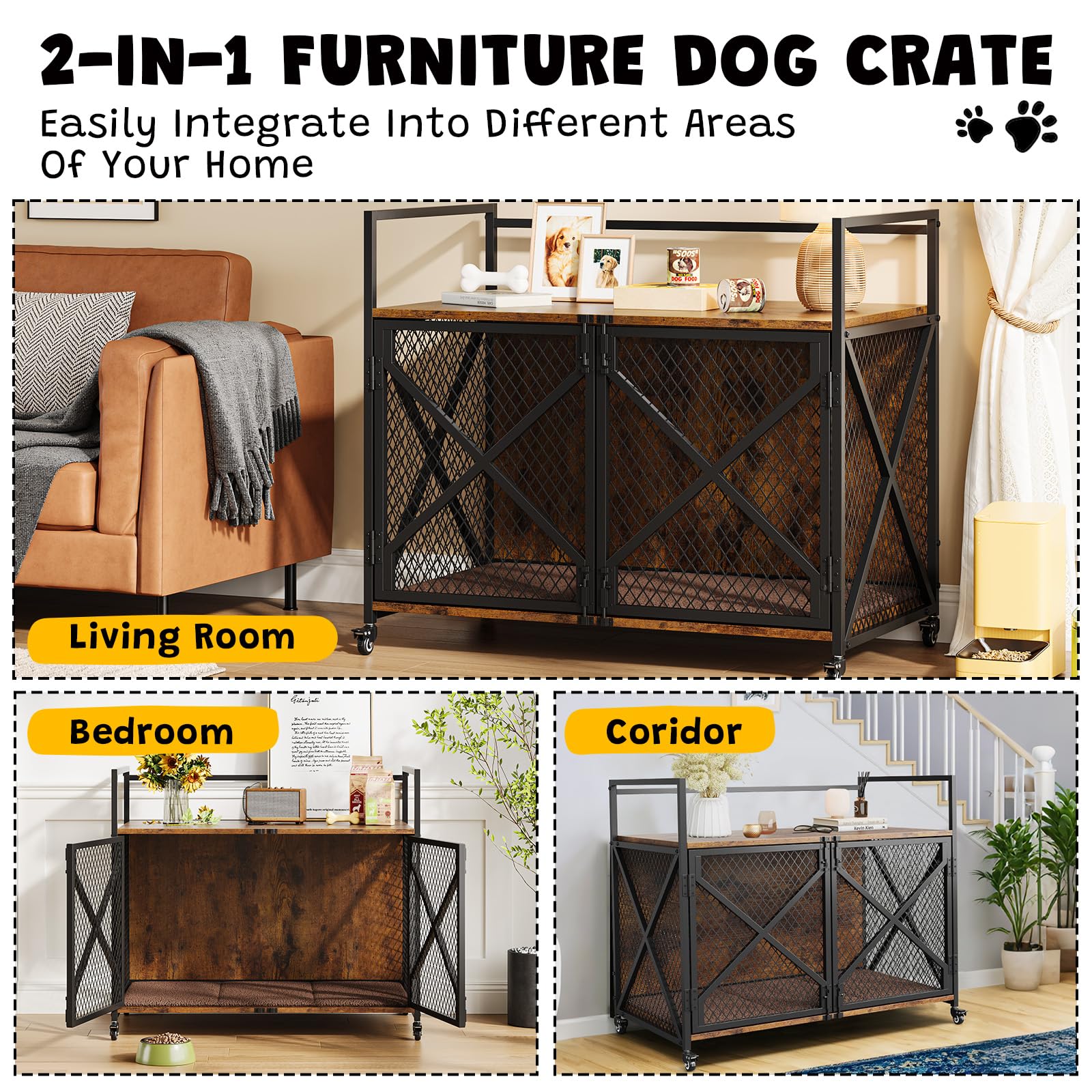Garvee Gabbia per Cani in Legno Robusta con Tavolino - Doppie Porte, Ruote Bloccabili, Cuscino - Stile Vintage per Interni, per Cani Grandi, Medi e Piccoli - 79x52x73cm