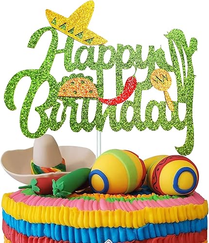 Decoración para pastel de cactus, decoración de pastel de feliz cumpleaños con tacos y maracas, decoración de pastel de fiesta, decoración para