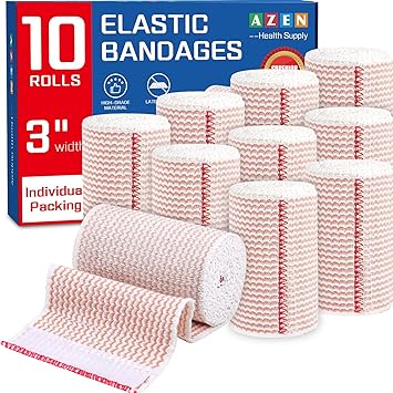 AZEN Premium 10 Pack Elastic Bandage Wrap 3 Inch, Compression Wrap Bandage for Legs, Ankle, Knee, Tummy, Body, Lymphedema Wraps for Legs, Latex-Free