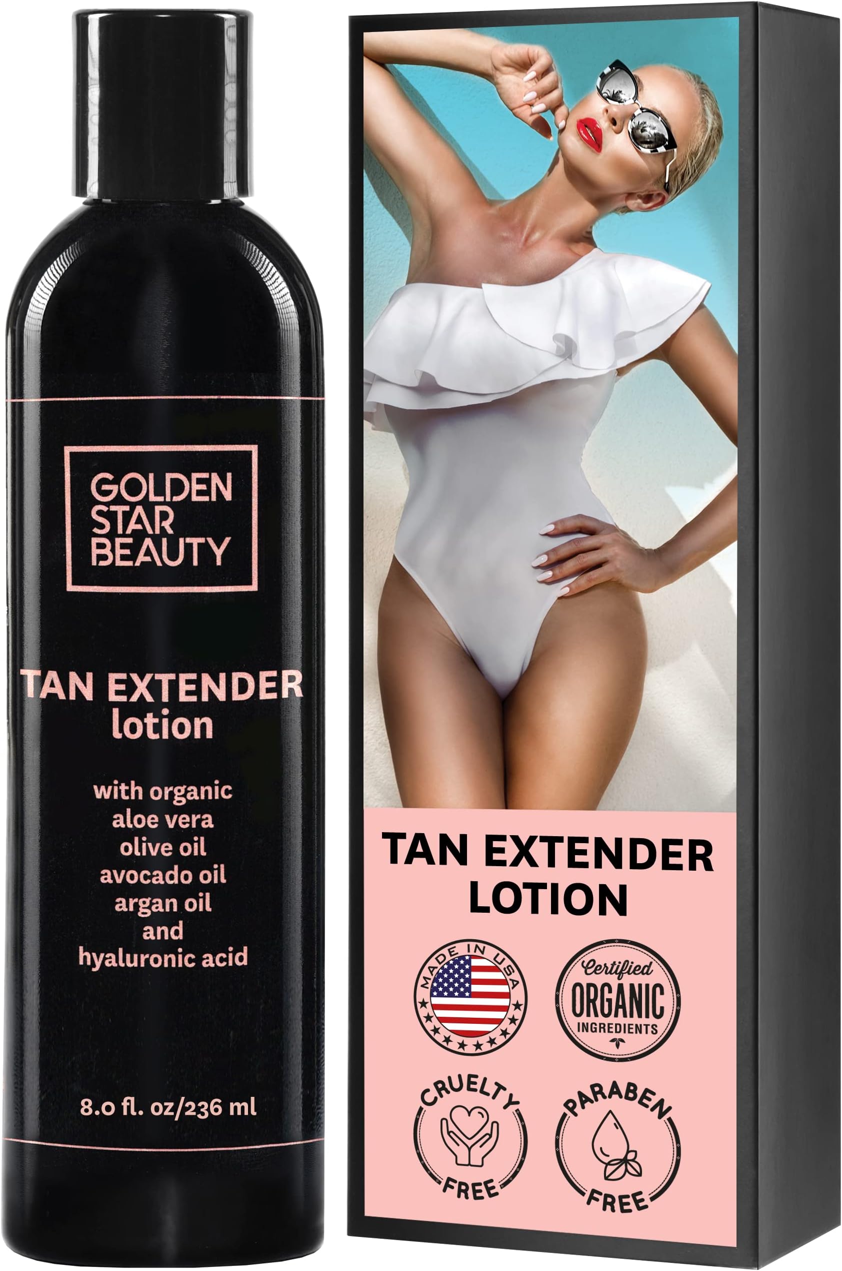 Tan Extender Daily Moisturizer - Best After Tanning Lotion w/Organic Oils and Hyaluronic Acid to Extend Your Tan from Sunless Tanner, Spray Tan, Sun or Tanning Bed 8.0 fl.oz.- Booklet included