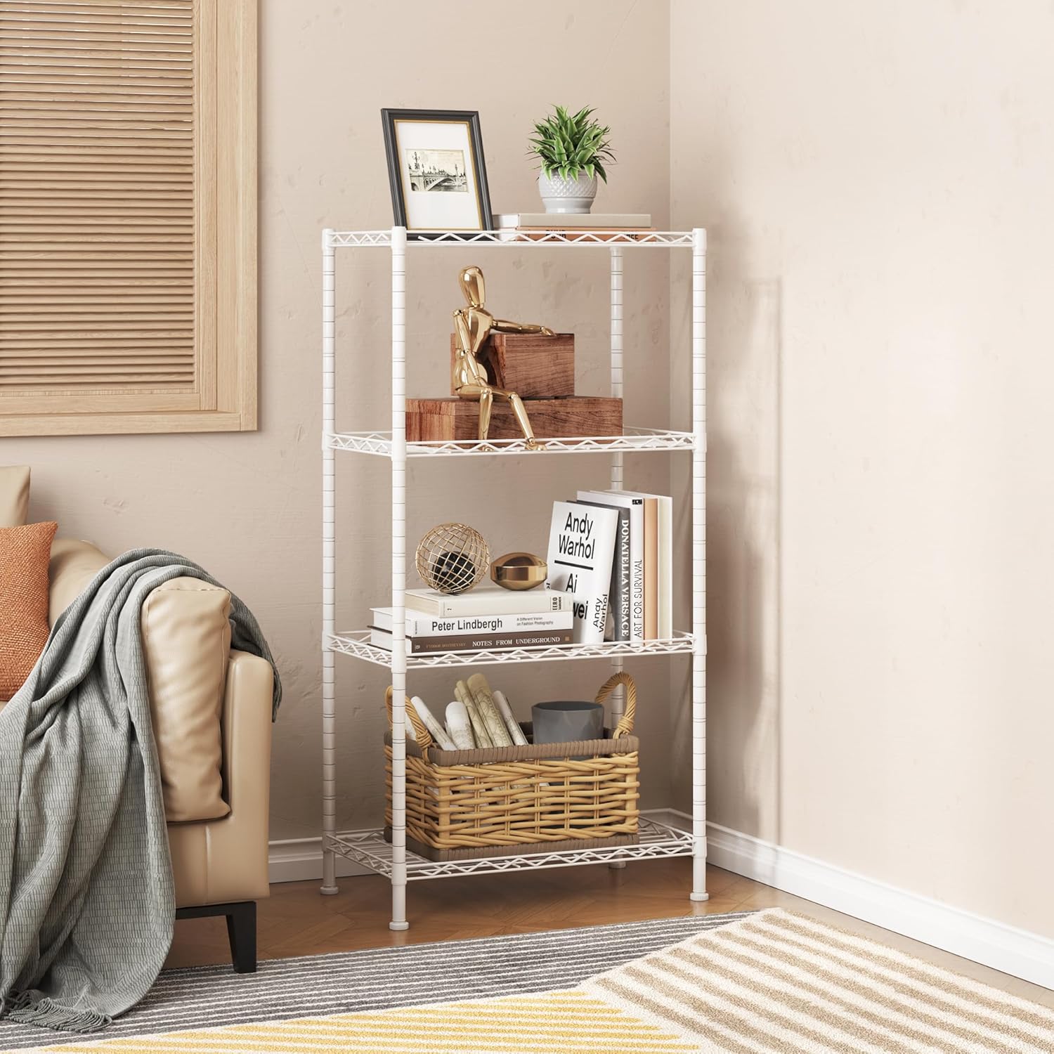 HOMEFORT 4-Shelving Unit in a living room, used as a bookshelf and decorative display.