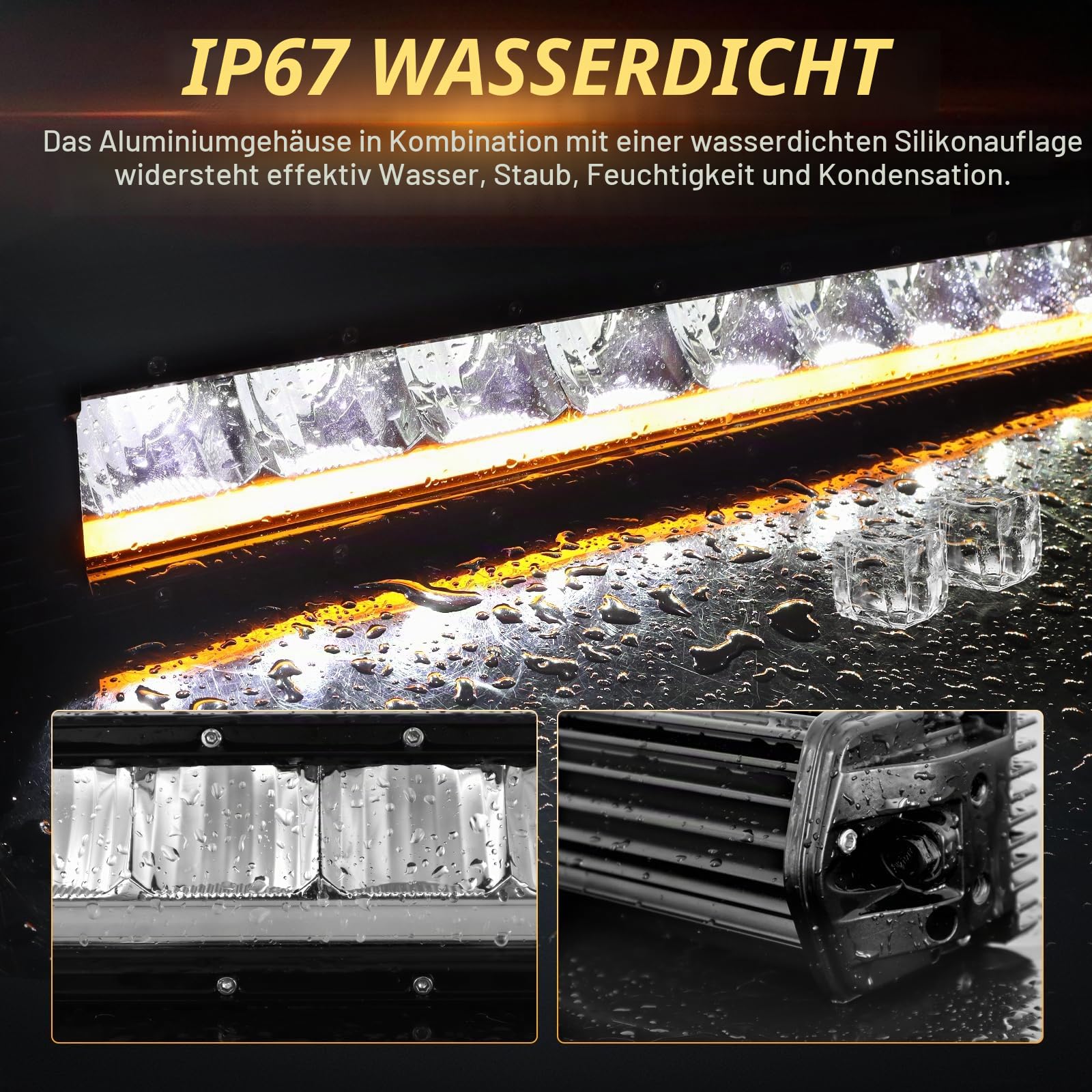 RIGIDON 23 Zoll 60 cm 80W 8000lm alu led lichtleiste mit 12v kabelbaum kit | außen, bernstein DRL, wasserdicht, 6000K weiß, offroad beleuchtung, lightbar, für auto ATV LKW KFZ SUV traktor fahrzeuge 4x4