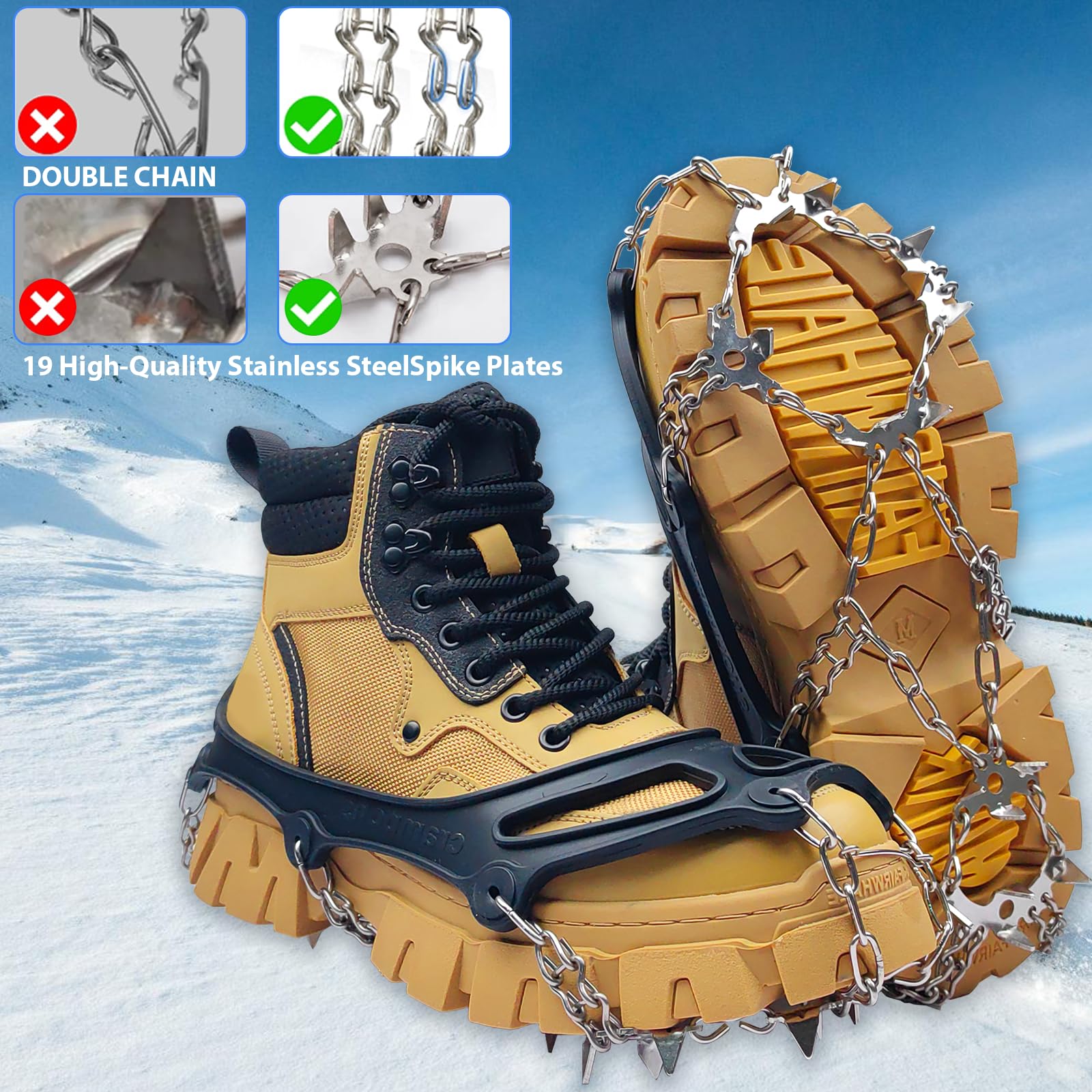 Crampones Antideslizante, Crampones para Botas de Senderismo, Garras de Zapatos con 19 Picos Antideslizantes, crampones de Nieve para Caminar, Alpinismo en Invierno y Senderismo