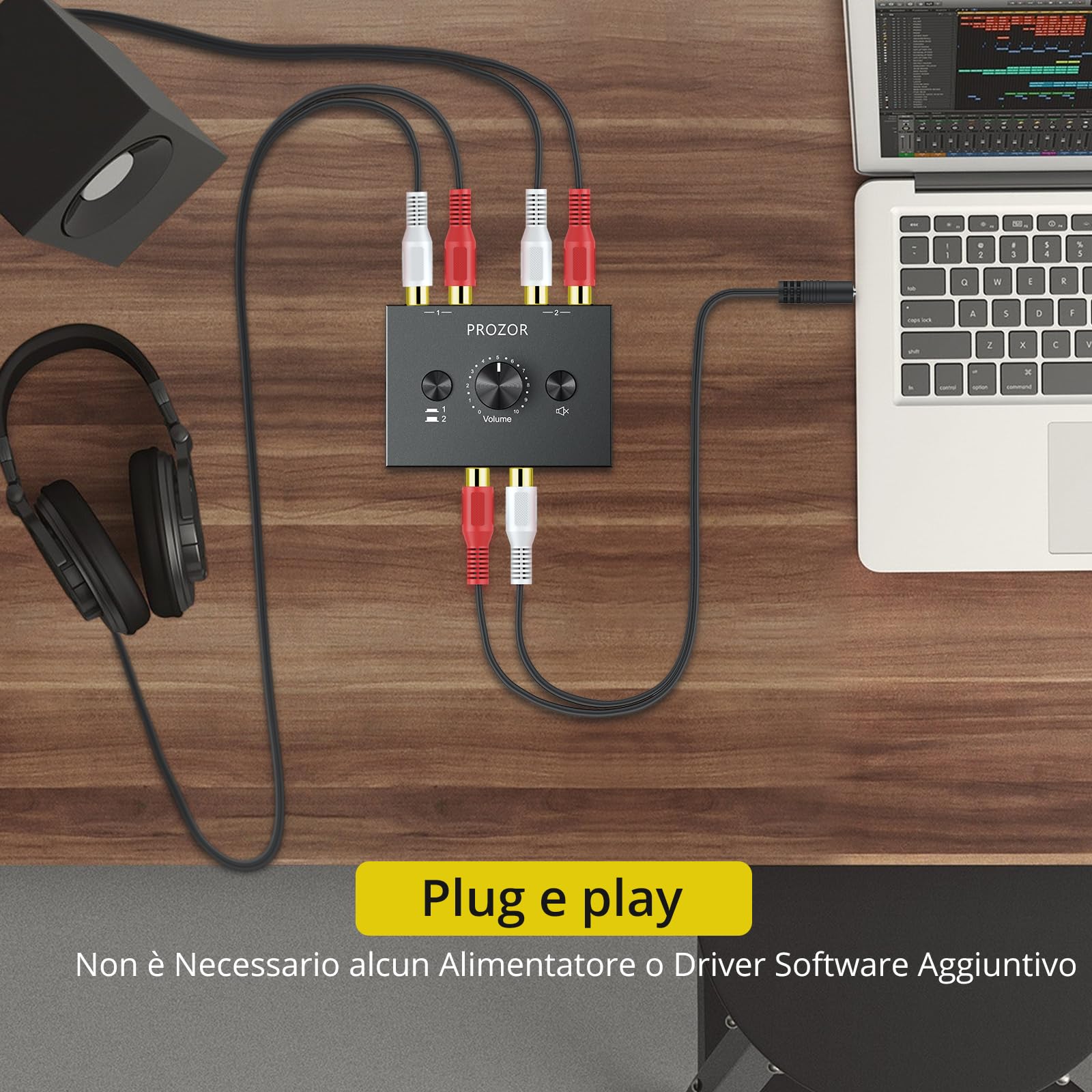 PROZOR Stereo Audio Switch R/L 1 in 2 out / 2 in 1 out Switch Audio Stereo Bidirezionale con 1.5m L/R Cavo Stereo RCA Audio Switch con Tasto Muto Commutatore Bidirezionale Audio Stereo L/R