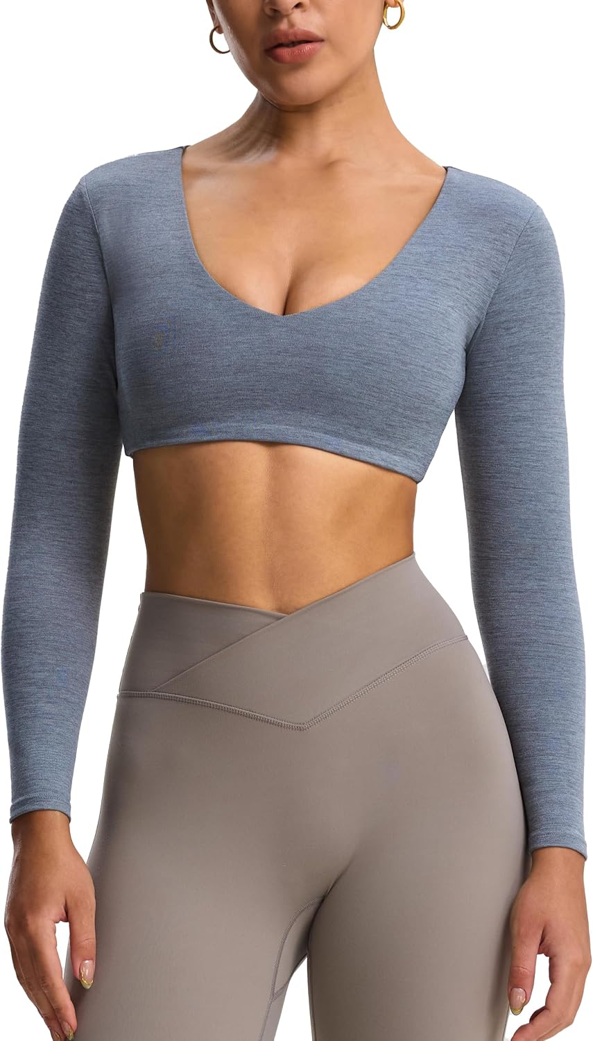 Aoxjox Long Sleeve Crop Tops for Women Stacey V Neck Workout Athletic Gym Cropped T Shirt Top