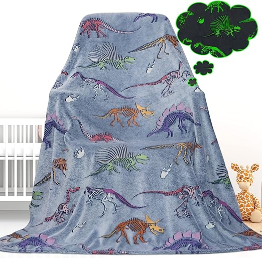 Glow in The Dark Dinosaur Blanket for Kids, Polyester, Throw, Blue, Kids Glow in The Dark Dinosaur Blankets and Throws