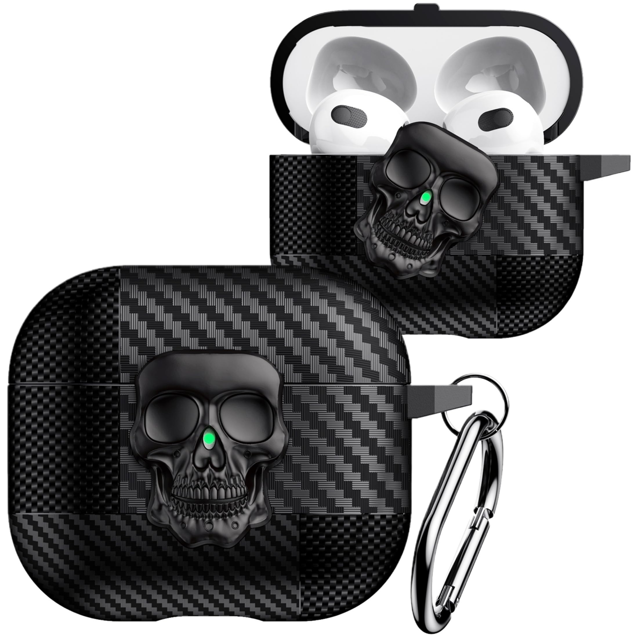 YSNZAQ Skull Design Case for AirPods 3, Cool Carbon Fiber Grain Military-Grade Shockproof Earphone Case with Carabiner & Secure Lock Clip for AirPods