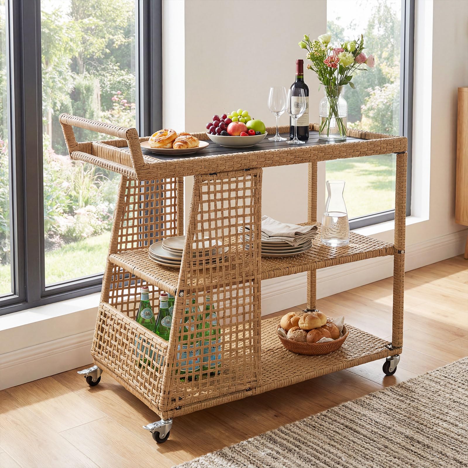 COSTWAY Carrito de Servicio de 3 Niveles, Carrito de Cocina de Ratán PE con Ruedas Universales Bloqueables, Estantes Abiertos y Asa Lateral, Mesa Auxiliar Móvil de Exterior para Jardín Patio Terraza