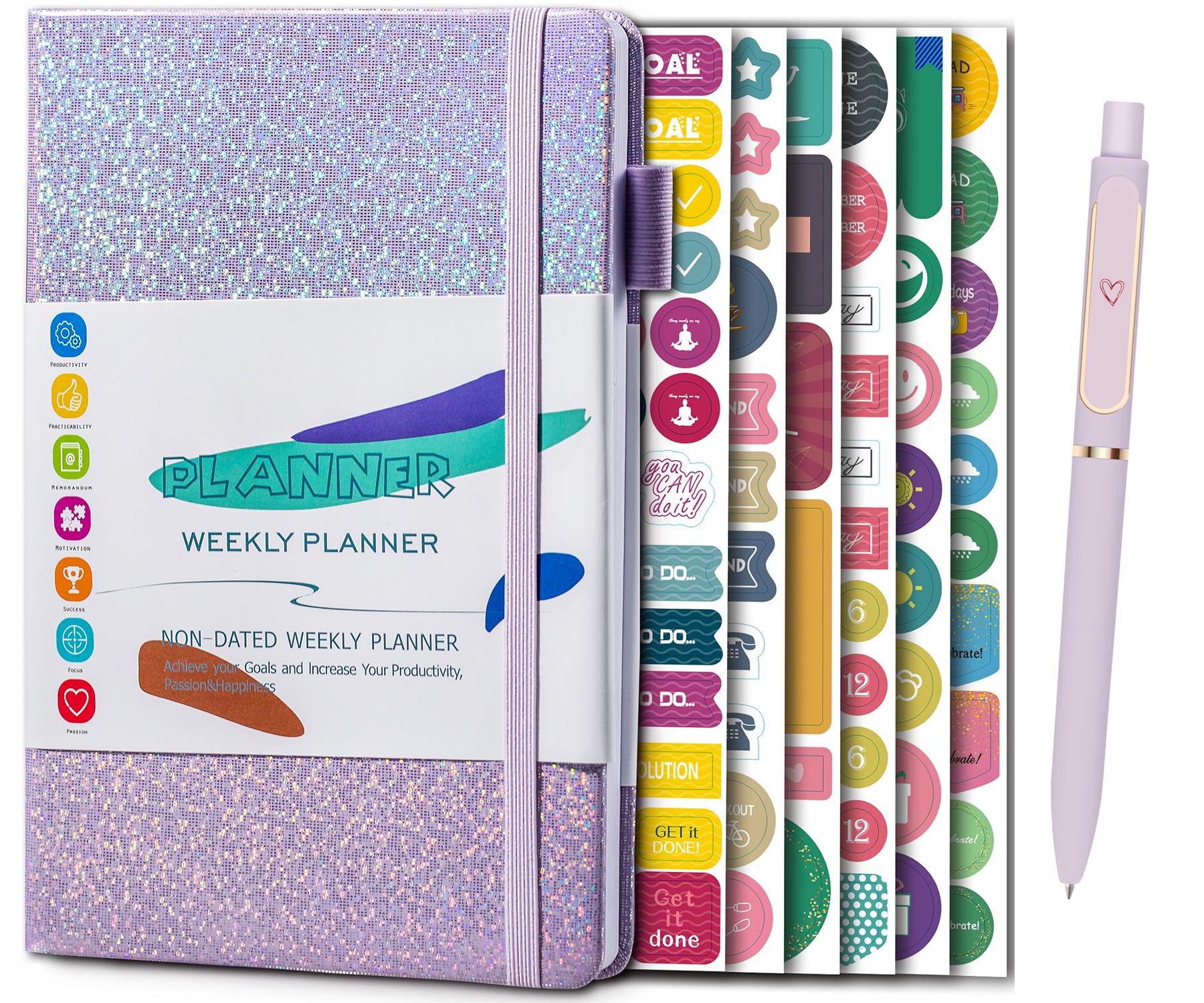 Undated Weekly and Monthly Planner with Pen, A5 Weekly To Do List Notebook with Goal & Habit Tracker Organizer, Glitter Laser Hardcover Monthly Calendar for Work School + Colourful Stickers (Purple)