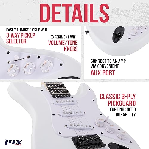 Miniatura 45 de LyxPro Guitarra eléctrica de 36 pulgadas y kit para niños con guitarra para principiantes de tamaño 3/4, amplificador, seis cuerdas, dos púas, Rojo