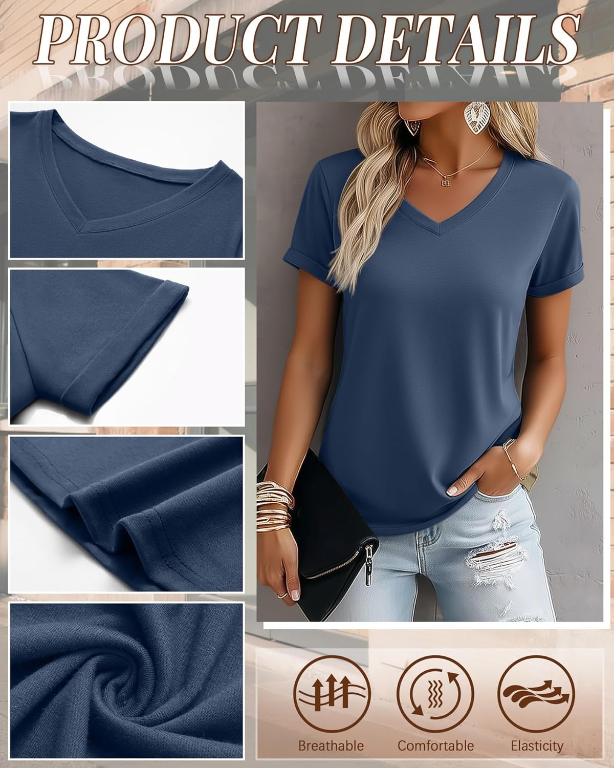 Riyiper 4 Pack Women's V Neck T Shirts, Summer Casual Short Sleeve Tops Loose Rolled Sleeve Tees Trendy Shirts - Image 6