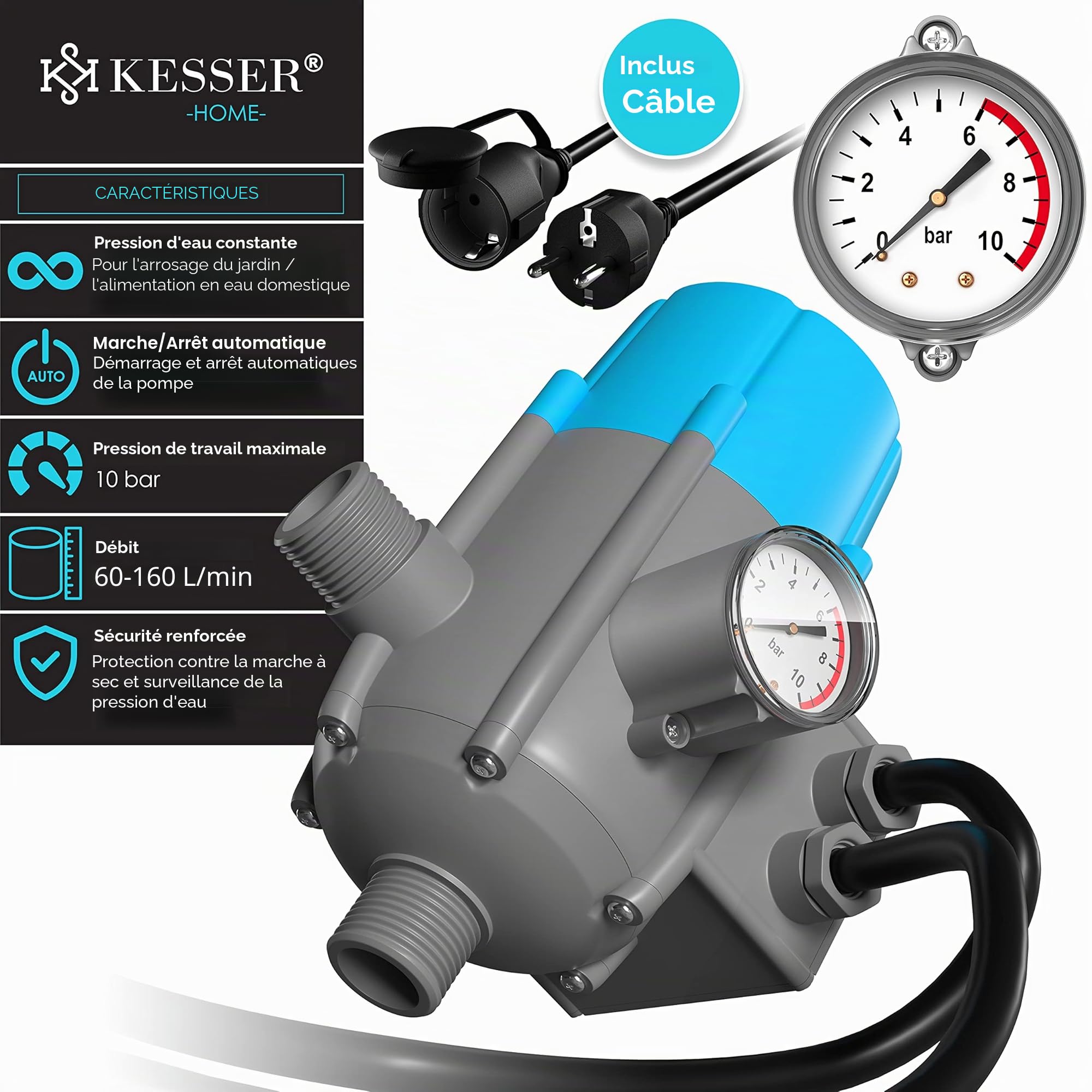 KESSER Pressostat 10 bar Commande de pompe avec indicateur et câble