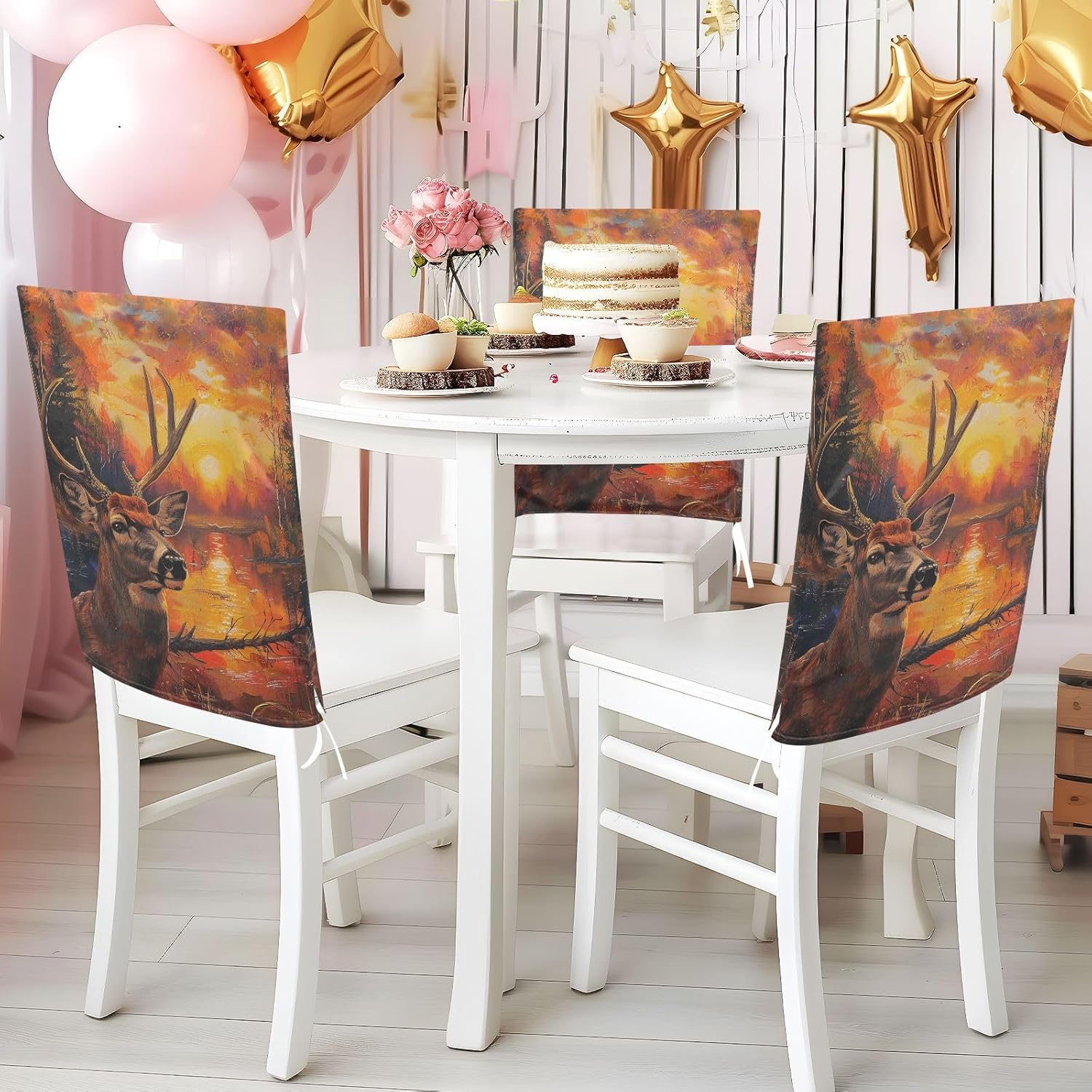 ALAZA Deer at Sunset Chair Back Cover Set of 6, Washable Reusable Removable Chair Slipcovers Decorative Chair Cover for Home Kitchen Wedding Party
