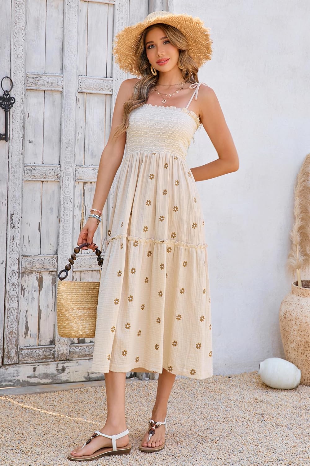 R.Vivimos Womens Summer Cotton Boho Midi Dress 2026 Spaghetti Strap Floral Embroidered Smocked Tiered Flowy Long Dresses - Image 4