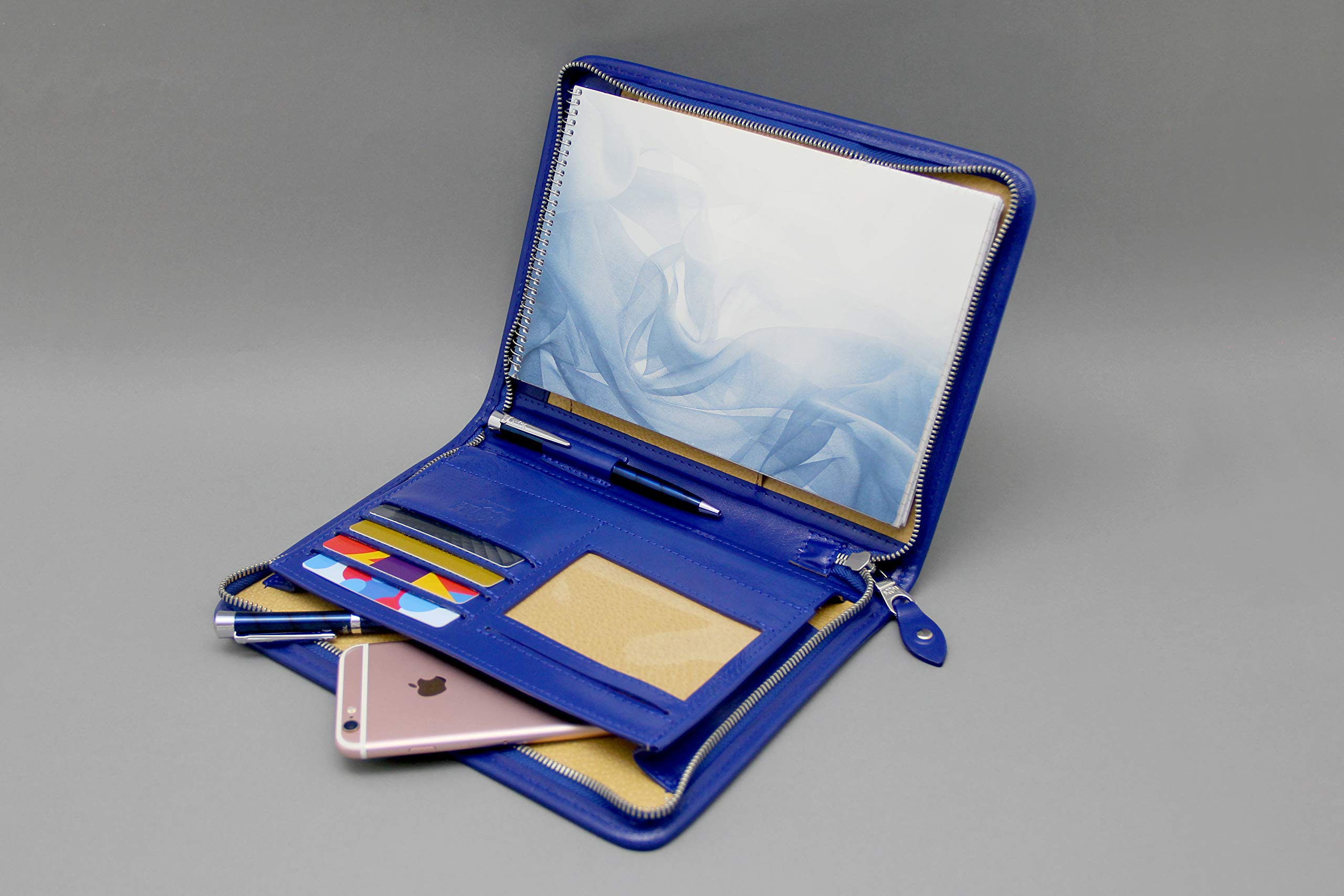 Noda Leather Padfolio A5 Support pour bloc-notes zippé Portefeuille en cuir A5 bleu