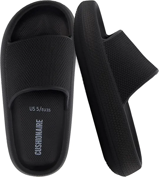 CUSHIONAIRE Feather EVA Slides for Women – Comfortable Slip On Womens Slippers, Indoor Outdoor Shower Shoes, Beach Essential Cloud Slides