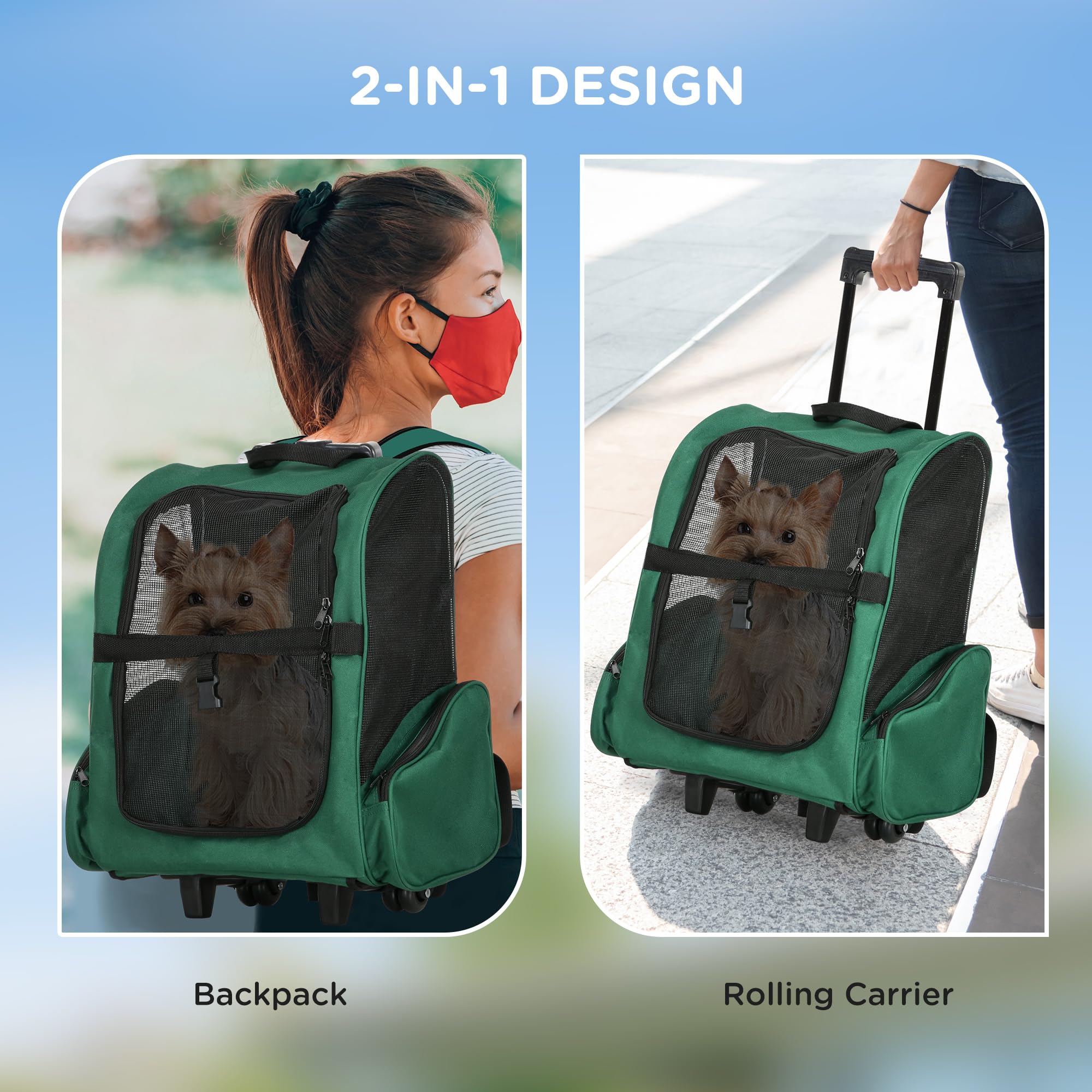 PawHut 2-in-1 Rucksackträger für Haustiere mit Rädern 42x25x55cm Grün