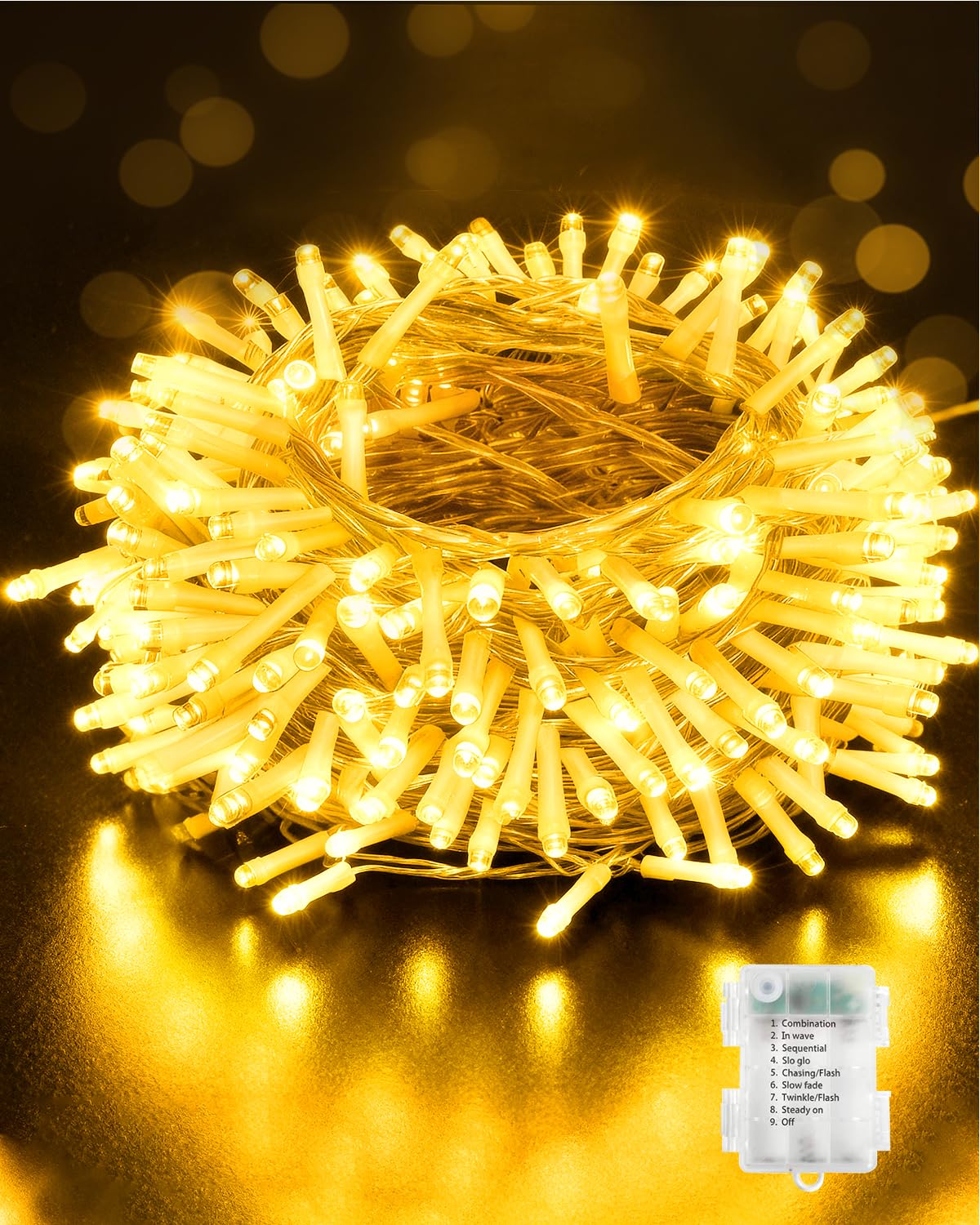 Opard Battery Fairy Lights 100 LEDs 10m, Christmas Lights, 8 Lighting Modes, Timer Function IP65 Waterproof, Warm White String Lights for Christmas, Outdoor, Indoor