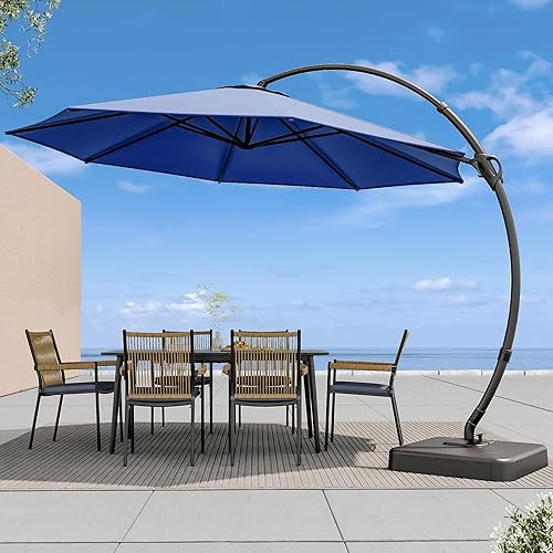LAUSAINT HOME Sombrilla de Patio Exterior con Base Incluida, Sombrilla Cantilever Curva Deluxe de 12 Pies Sombrilla Colgante Offset con Rotación de
