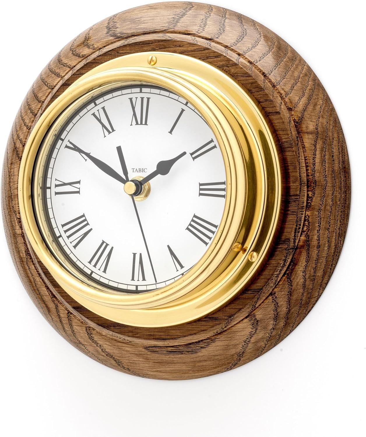 Classic Brass Roman Clock on an English Oak Mount, Heavy Lacquered Brass Case (1/2kg),Luxury Wall Clock and English Oak Mount, Handmade in England