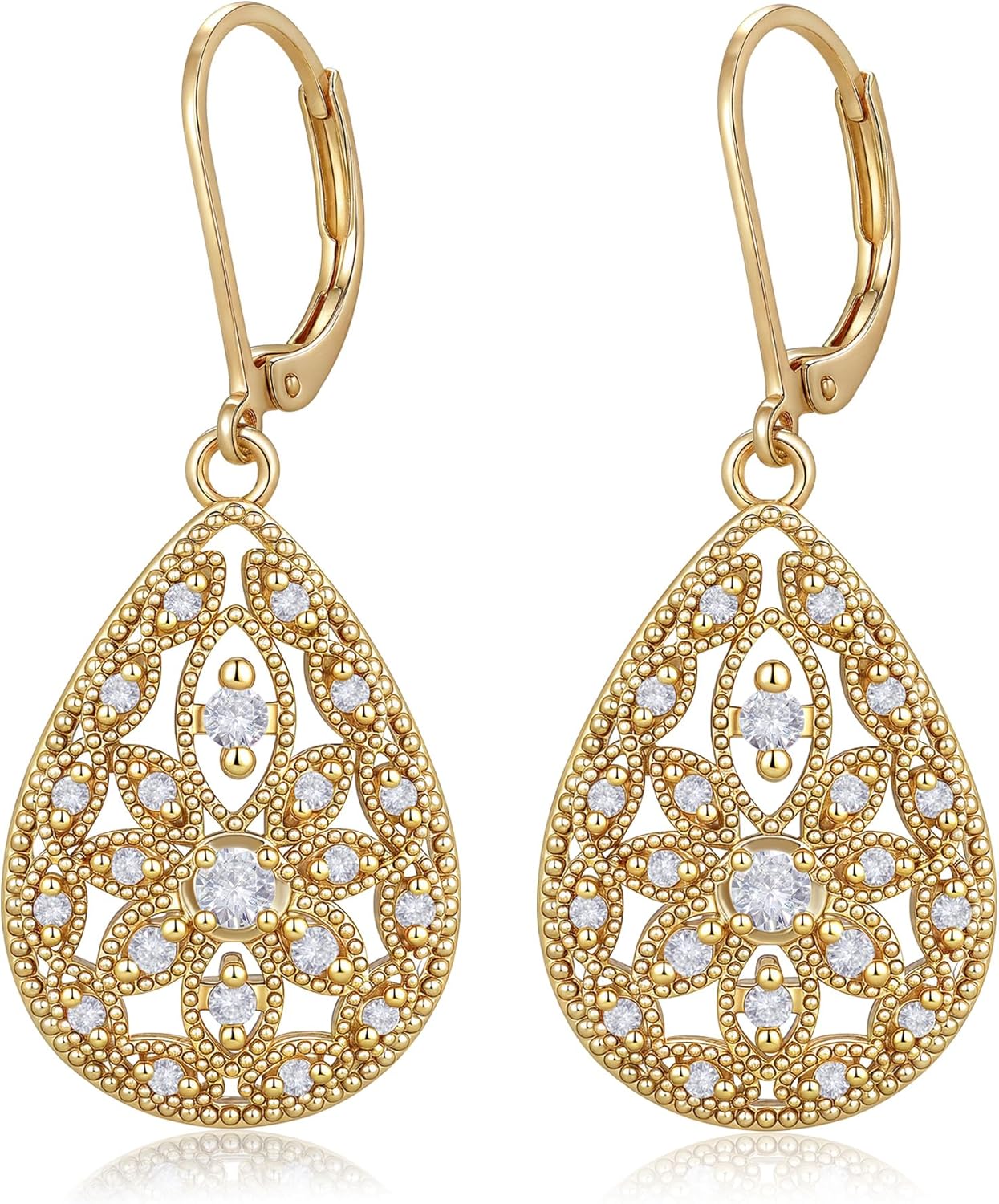 925 Sterling Silver Teardrop Leverback Filigree Dangle Earrings for Women Hypoallergenic, 14K Gold Plated Cubic Zironia Gemstone Drop Dangly Bridal Prom Earrings Jewelry Gifts