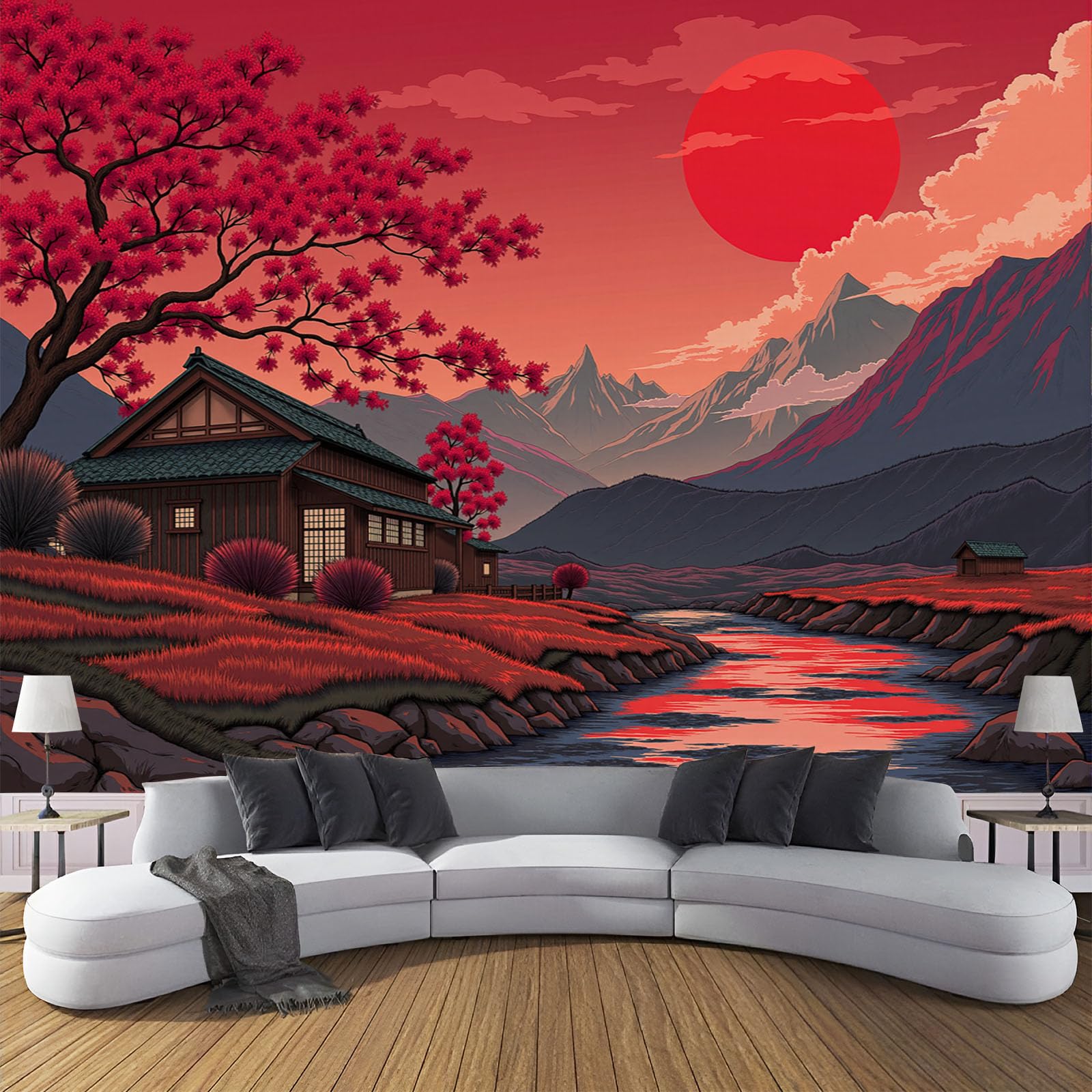 Fresque murale japonaise coucher de soleil pour un salon zen et relaxant