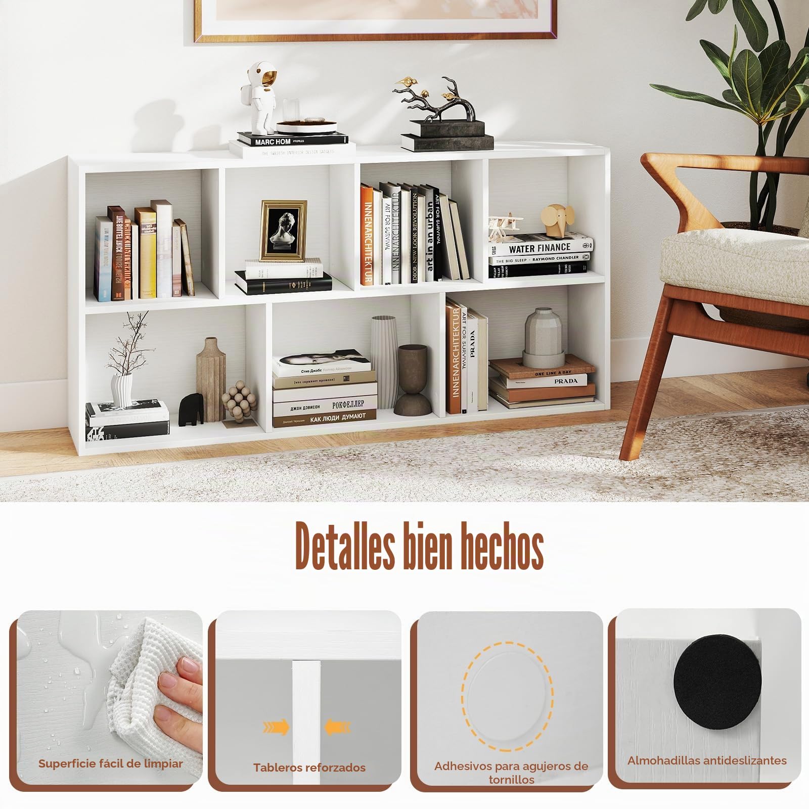 KOMFOTTEU Librería Abierta con 7 Cubos, Estantería para Libros Vertical y Horizontal, Mueble de Almacenamiento de Madera con 2 Kits Antideslizantes, para Salón Oficina, 49,5 x 23 x 106 cm (Blanco)